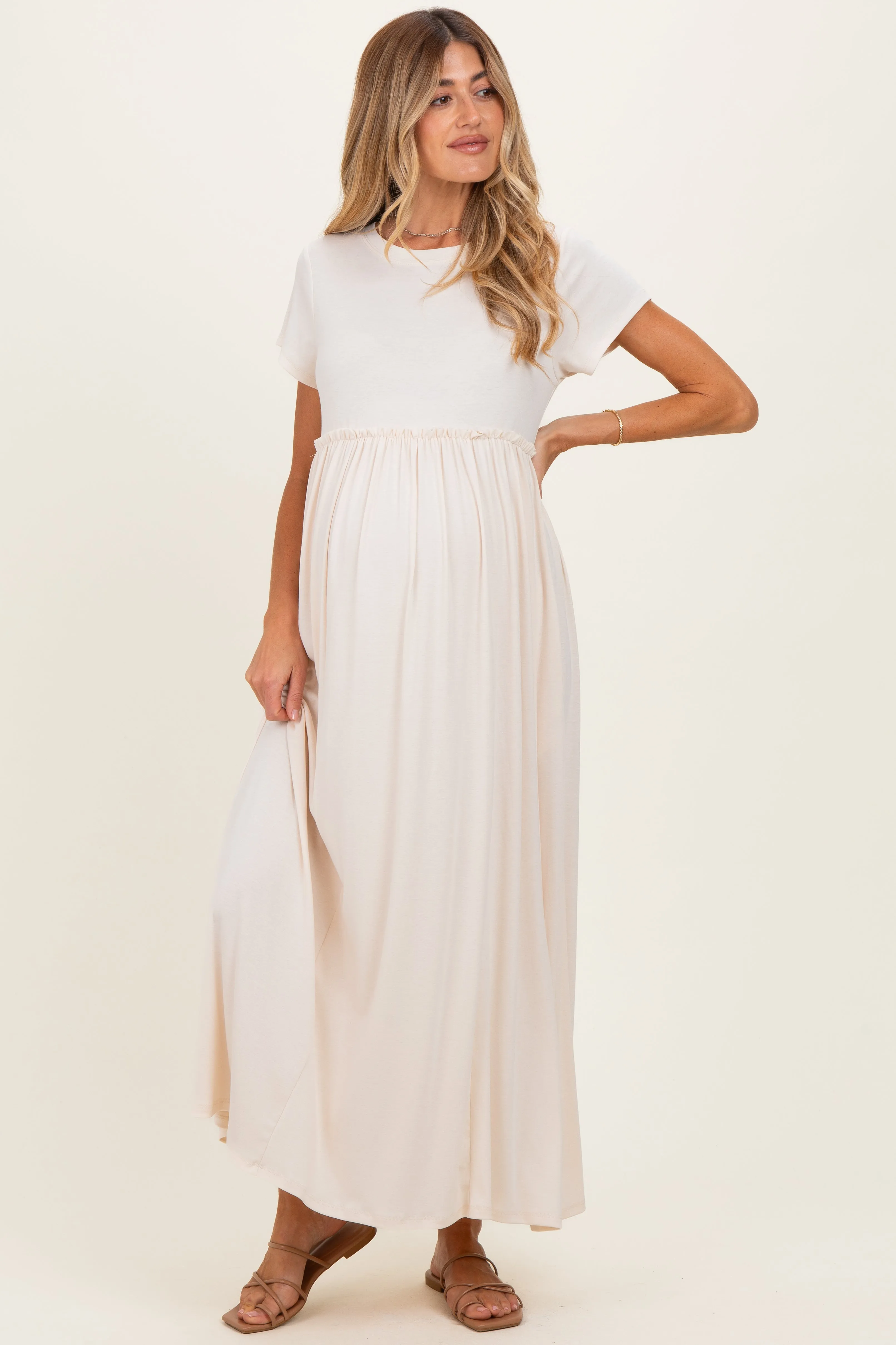 Soft White Ruffle Trim Maternity Maxi Dress sold by Pinkblush