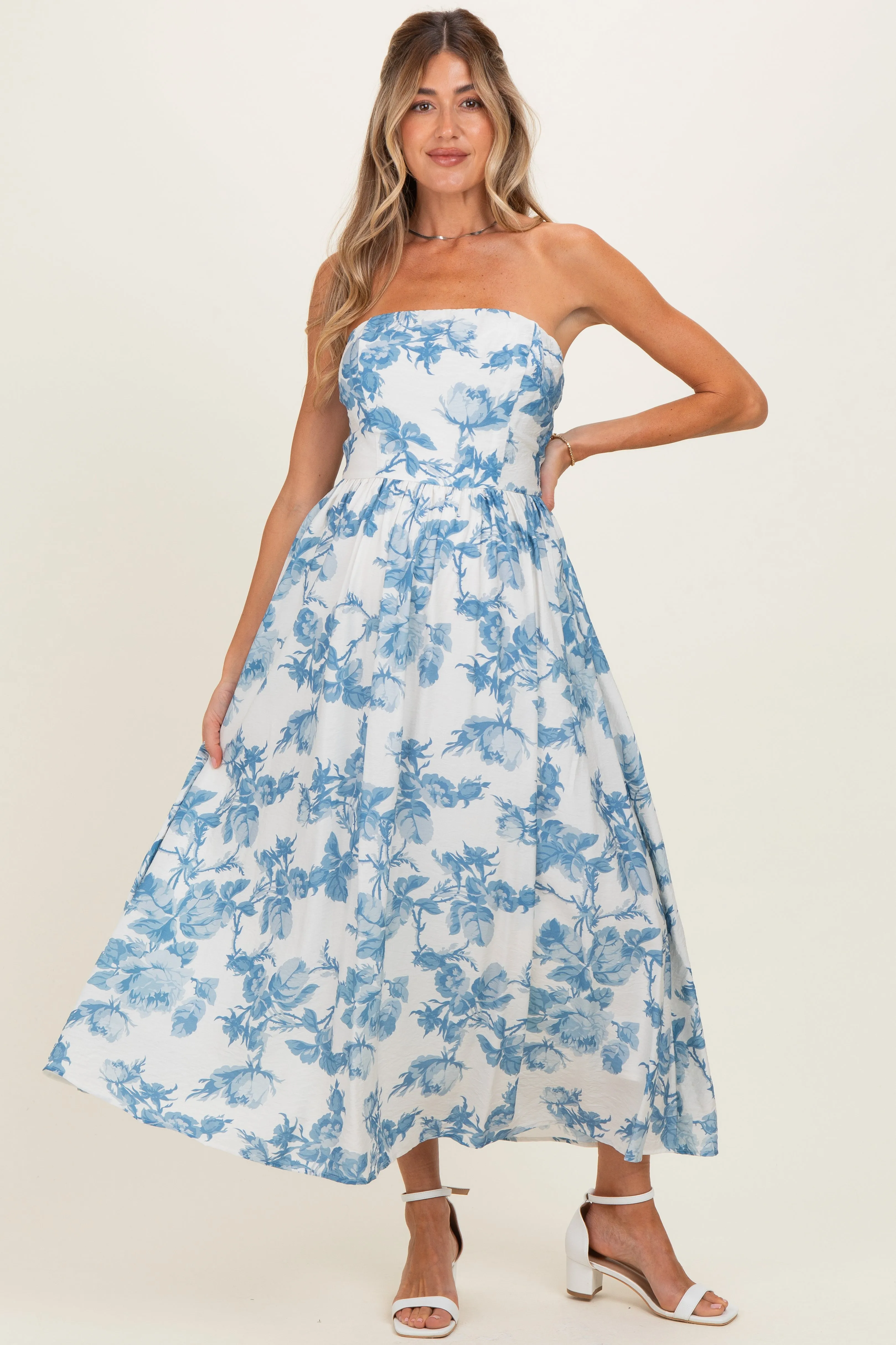 Blue Floral Strapless Maternity Midi Dress sold by Pinkblush