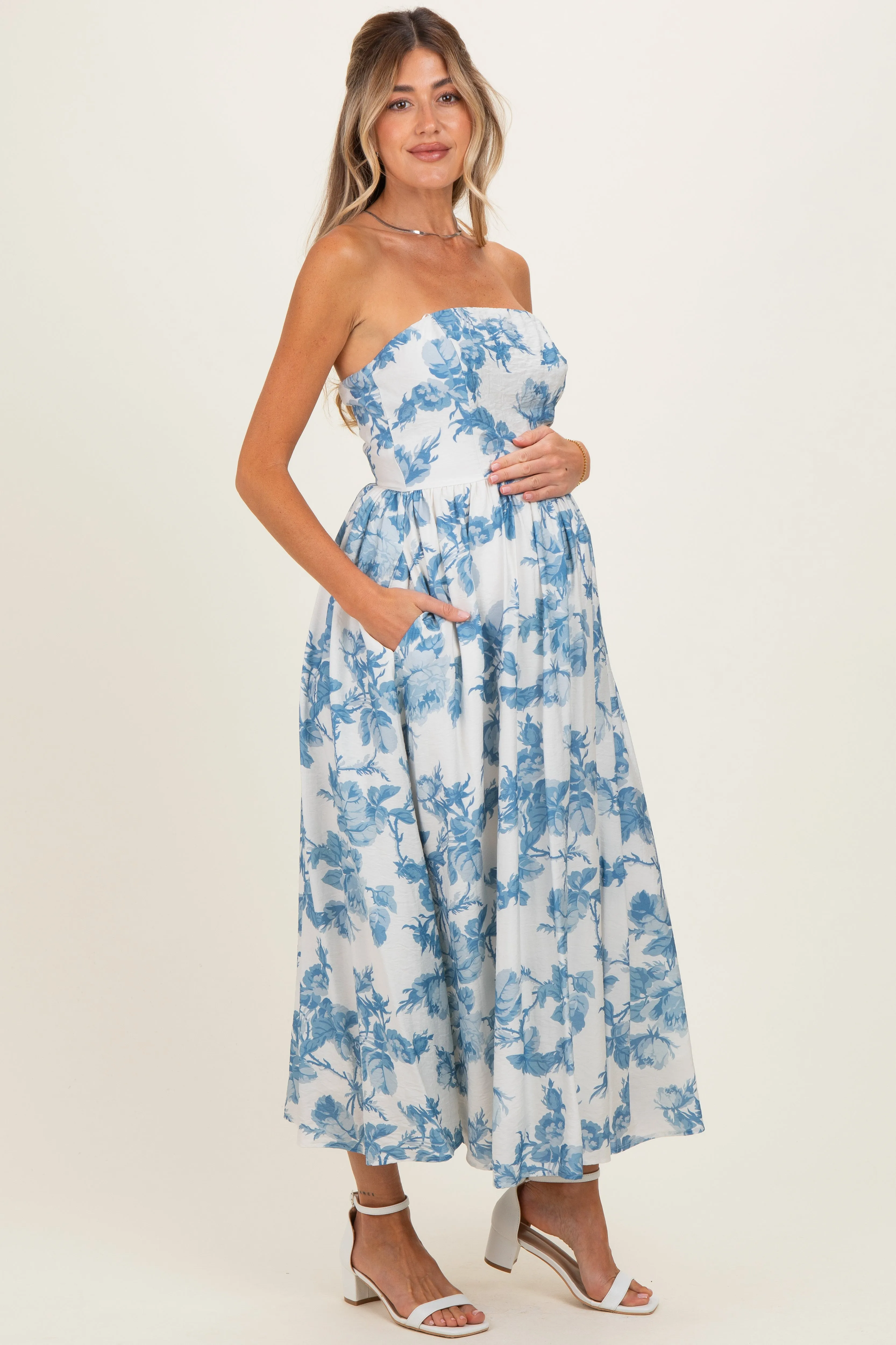 Blue Floral Strapless Maternity Midi Dress sold by Pinkblush product image thumbnail 2