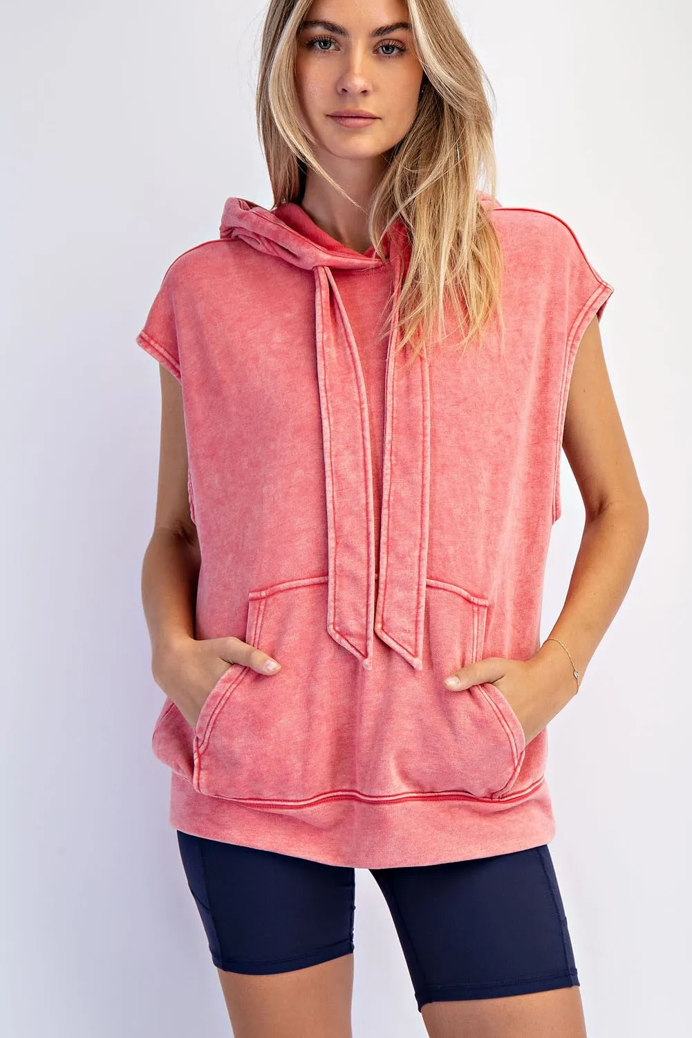 Red Mineral Wash Sleeveless Hoodie sold by Pinkblush