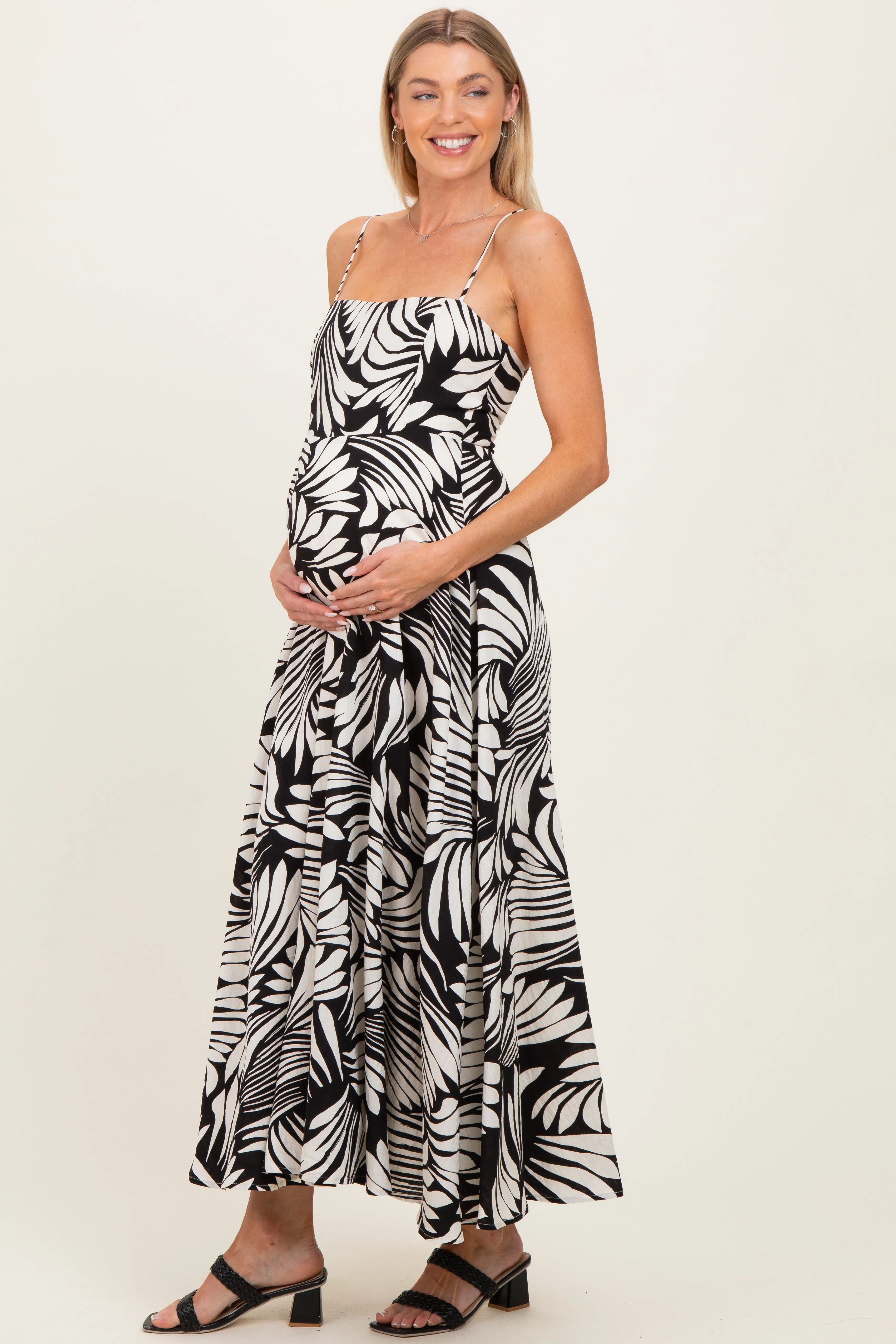 Black Printed Linen A-Line Maternity Midi Dress sold by Pinkblush product image thumbnail 2