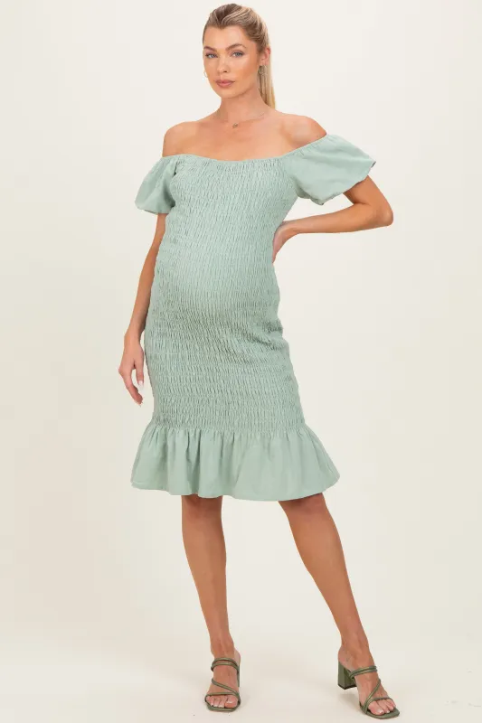 Sage Smocked Off Shoulder Ruffle Hem Maternity Dress made by Hello MIZ
