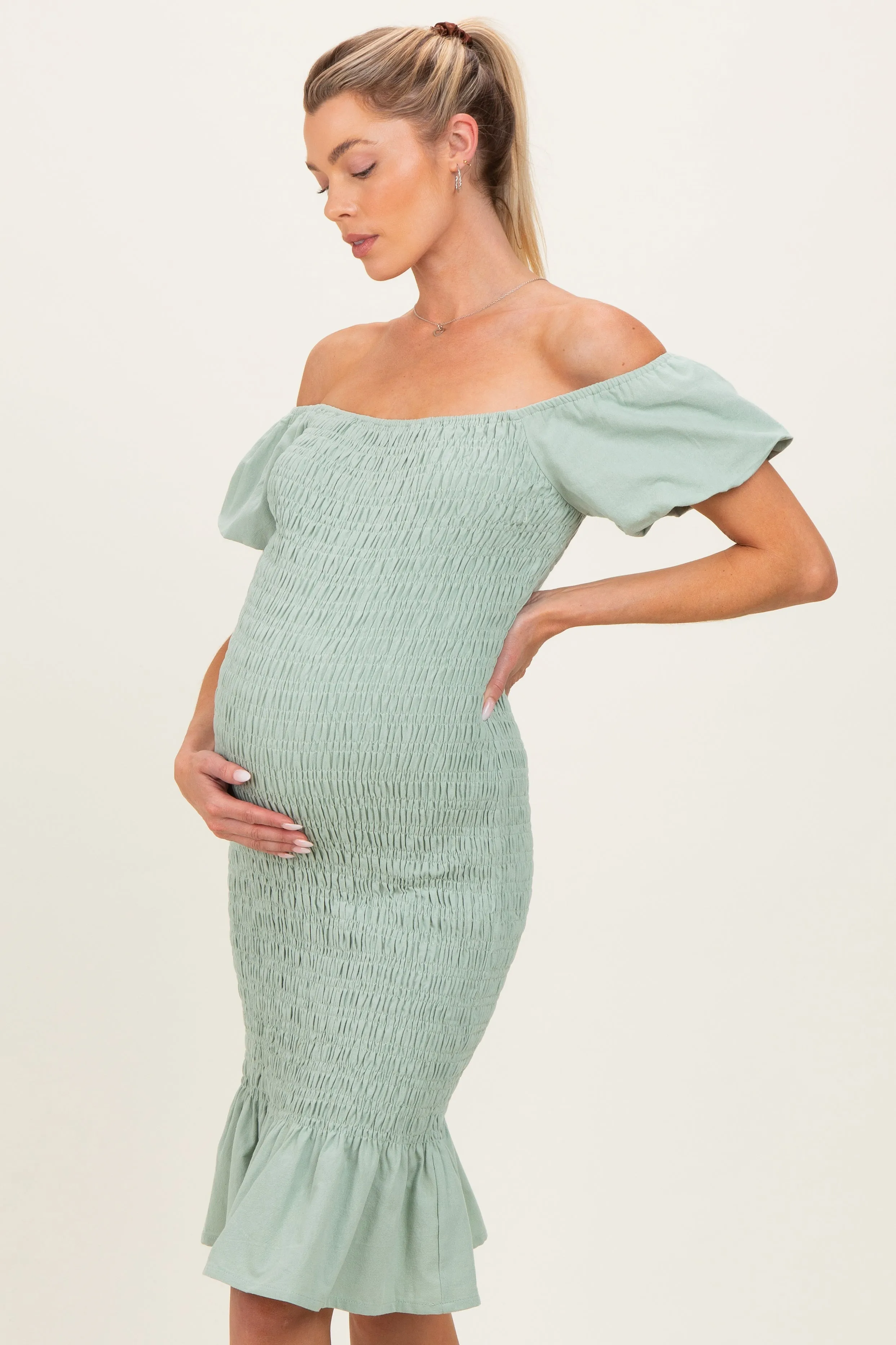 Sage Smocked Off Shoulder Ruffle Hem Maternity Dress sold by Pinkblush product image thumbnail 2