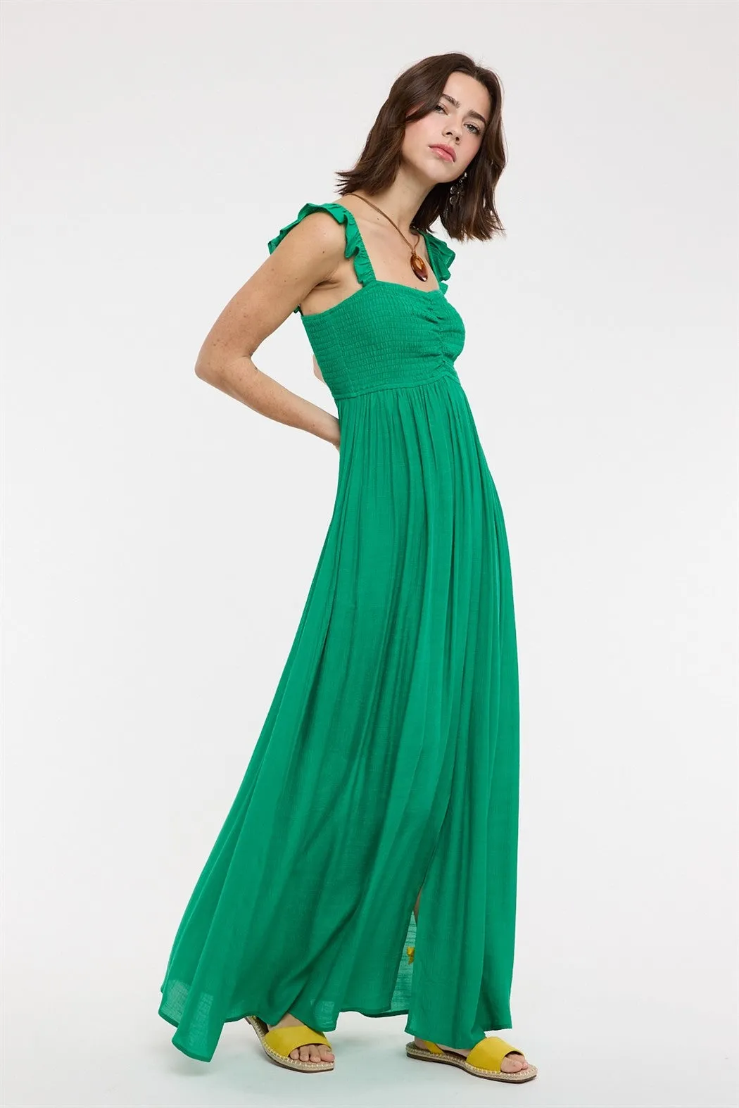Green Cinched Smocked Bust Sleeveless Maxi Dress sold by Pinkblush product image thumbnail 2