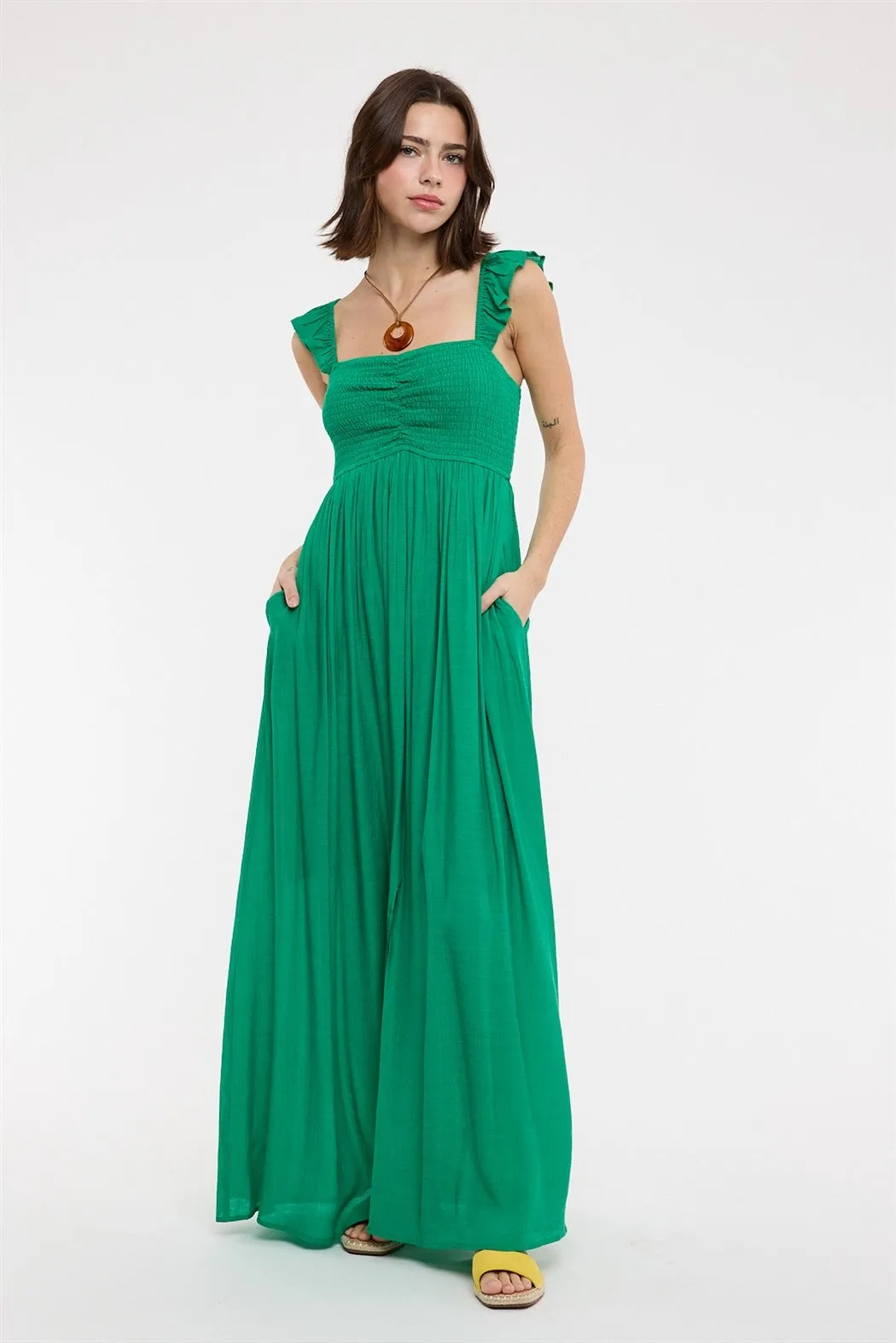 Green Cinched Smocked Bust Sleeveless Maxi Dress sold by Pinkblush