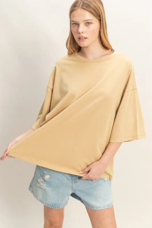 Beige Washed Oversized Crew Neck Top made by HYFVE