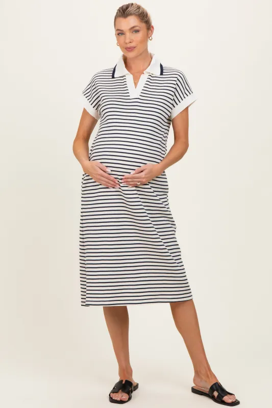 Navy Striped Polo Maternity Midi Dress made by She and Sky