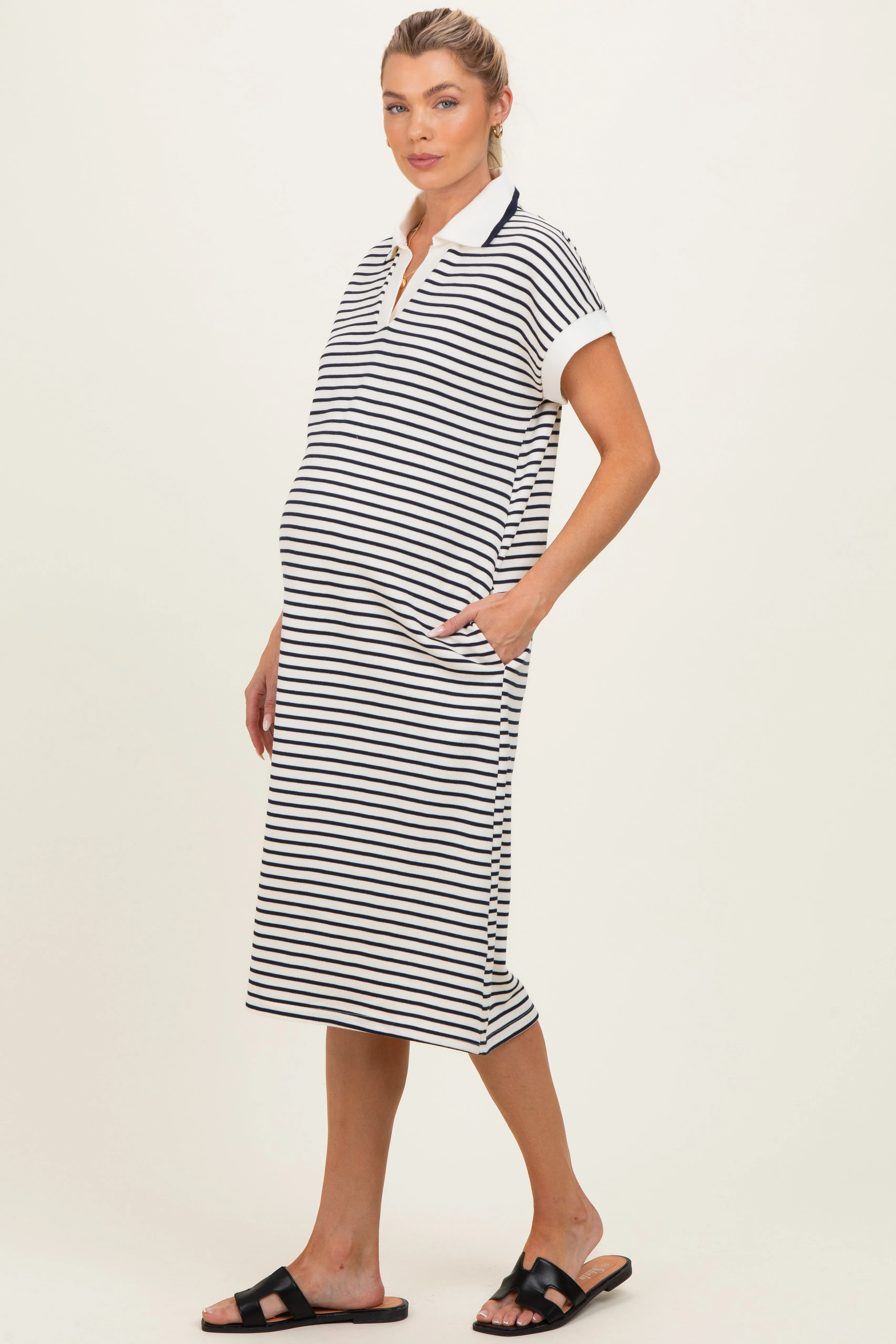 Navy Striped Polo Maternity Midi Dress sold by Pinkblush product image thumbnail 2