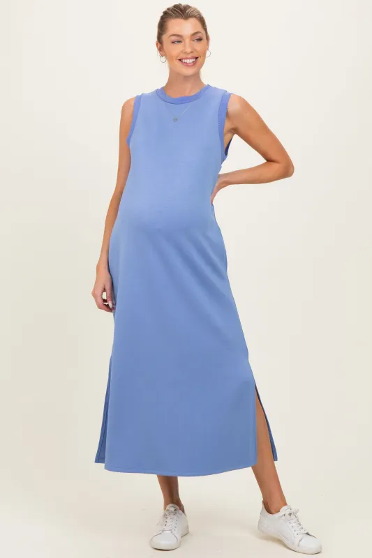 Chambray Blue Sleeveless Maternity Midi Dress made by entro