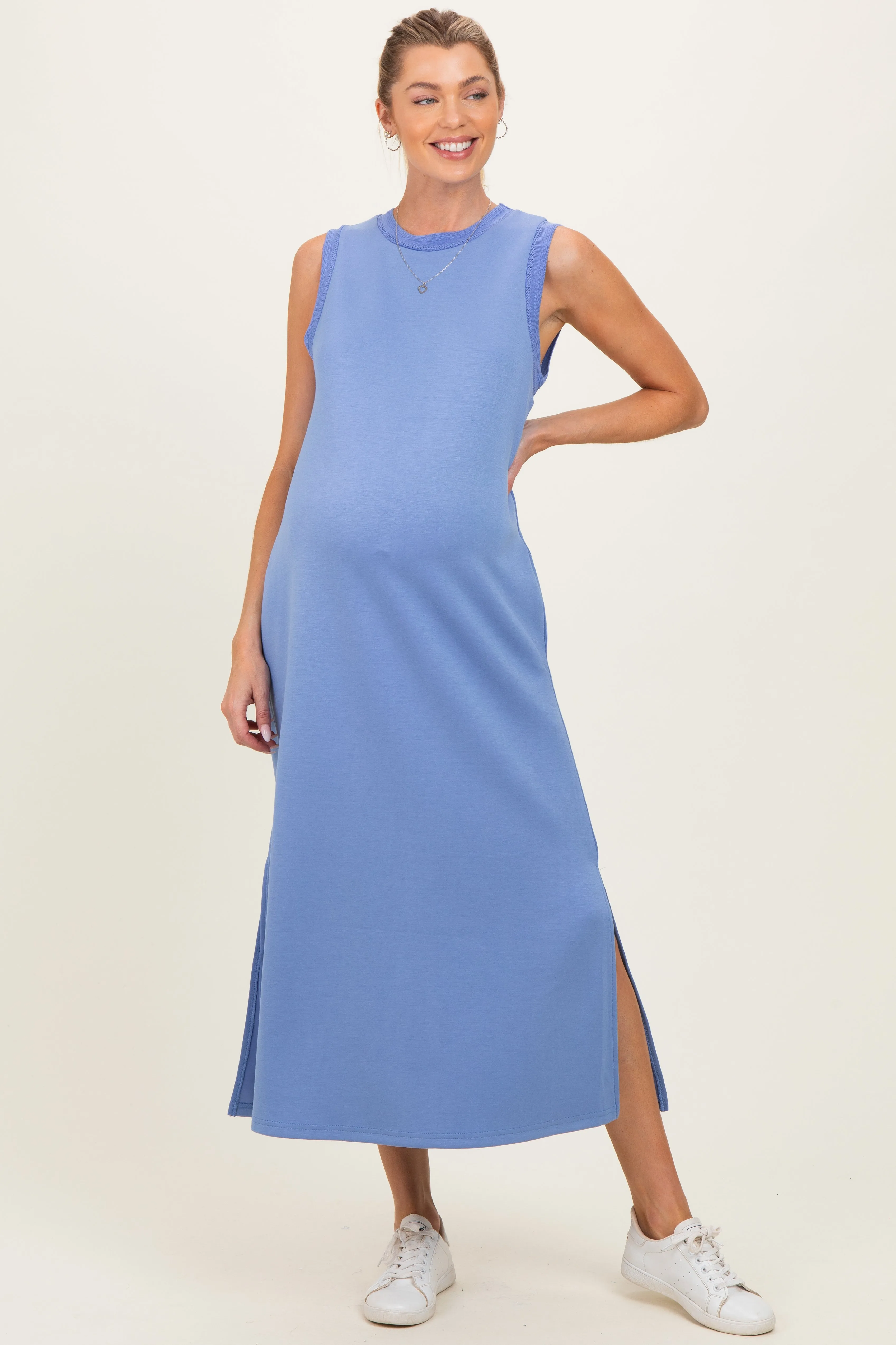 Chambray Blue Sleeveless Maternity Midi Dress sold by Pinkblush