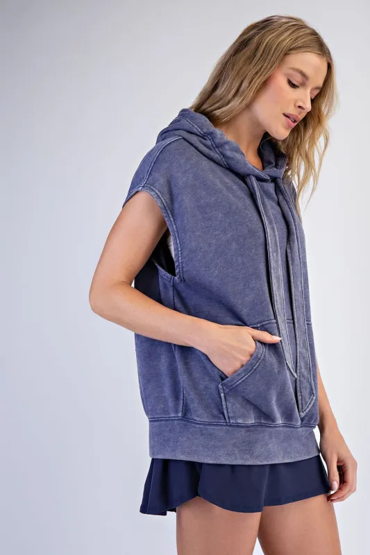 Navy Mineral Wash Sleeveless Hoodie made by Rae Mode