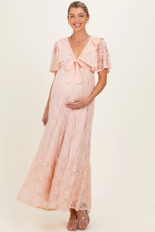 Peach Lace Flutter Sleeve Tiered Maternity Maxi Dress made by Pinkblush