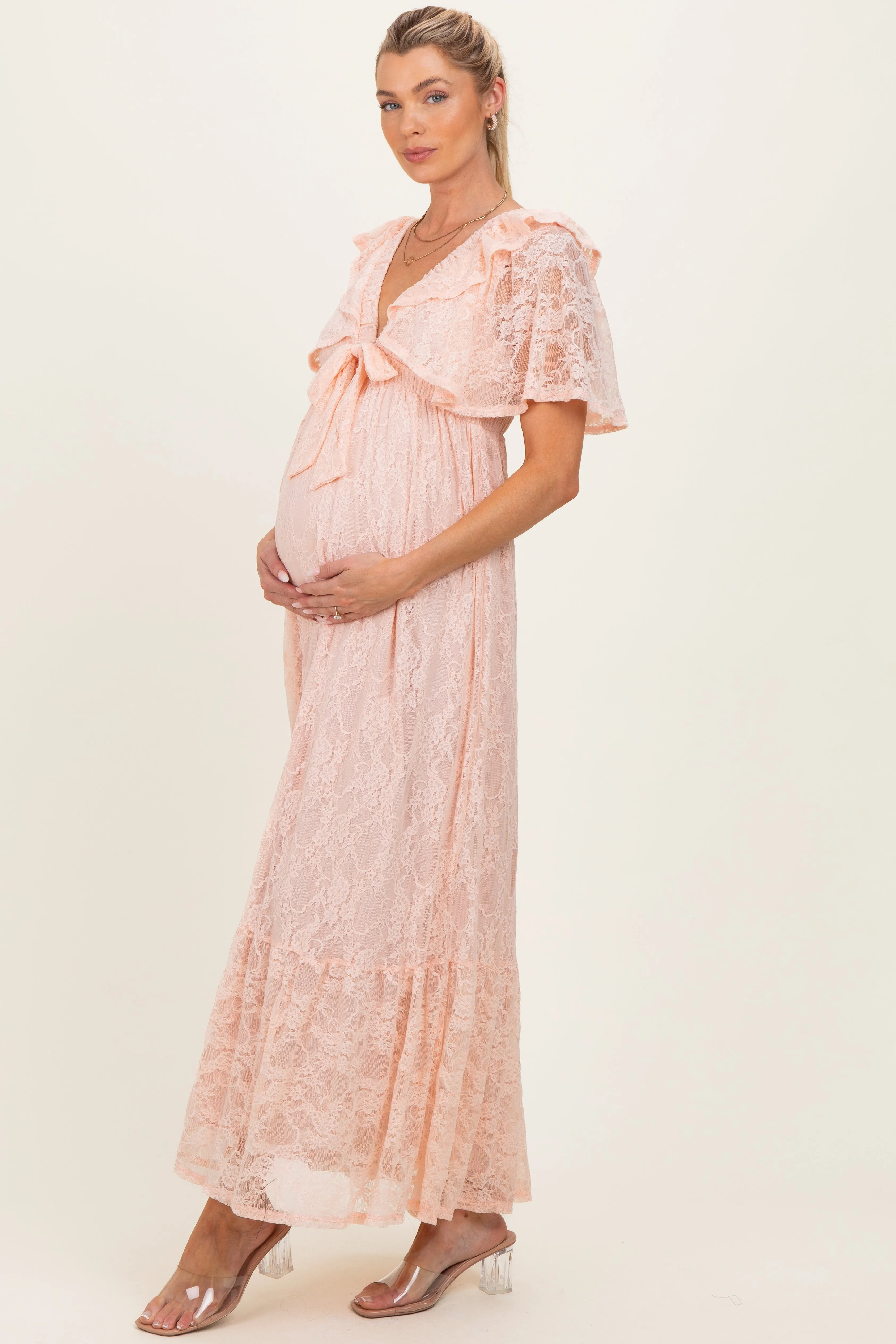 Peach Lace Flutter Sleeve Tiered Maternity Maxi Dress sold by Pinkblush product image thumbnail 2