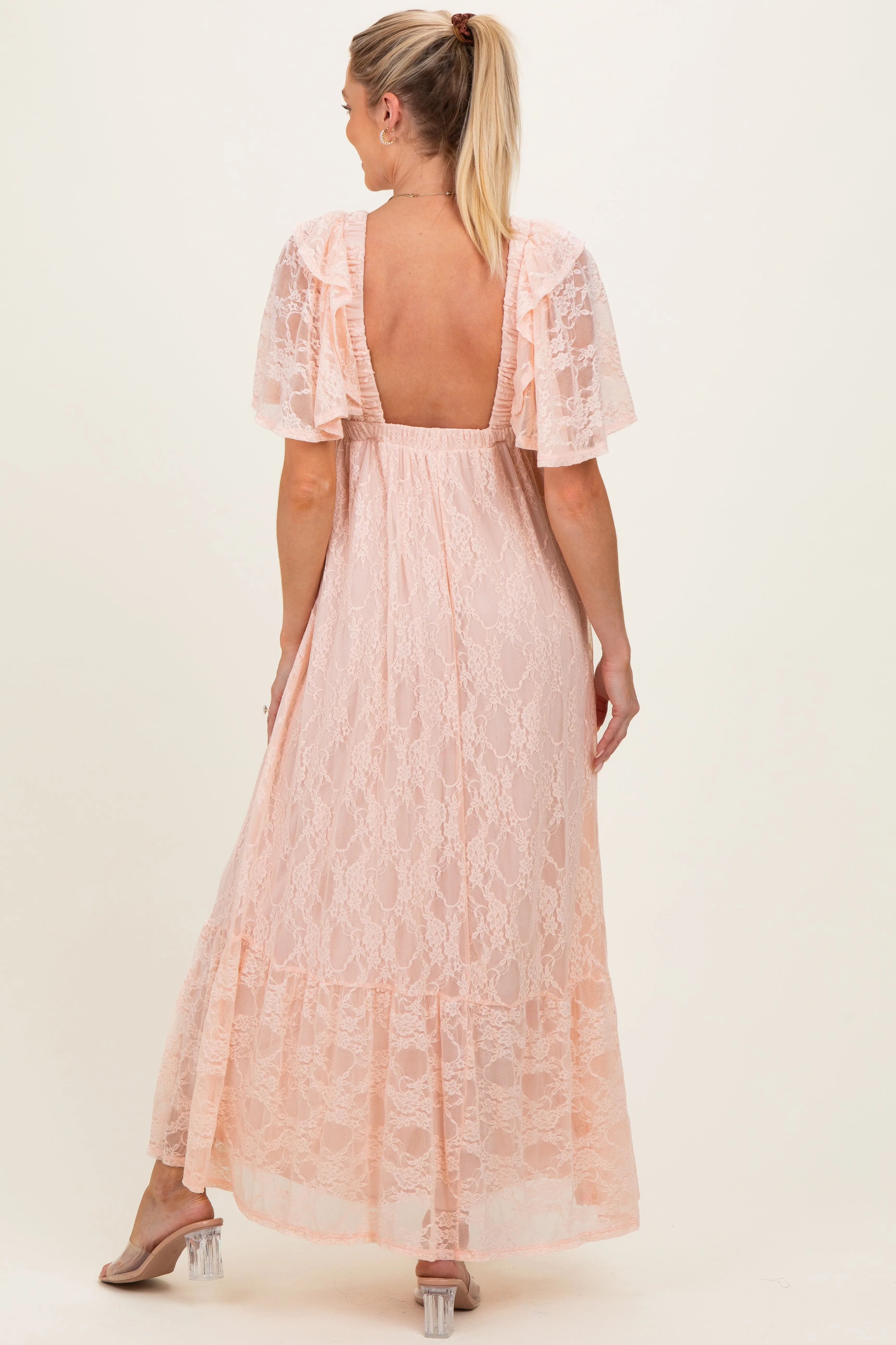 Peach Lace Flutter Sleeve Tiered Maternity Maxi Dress sold by Pinkblush product image thumbnail 3