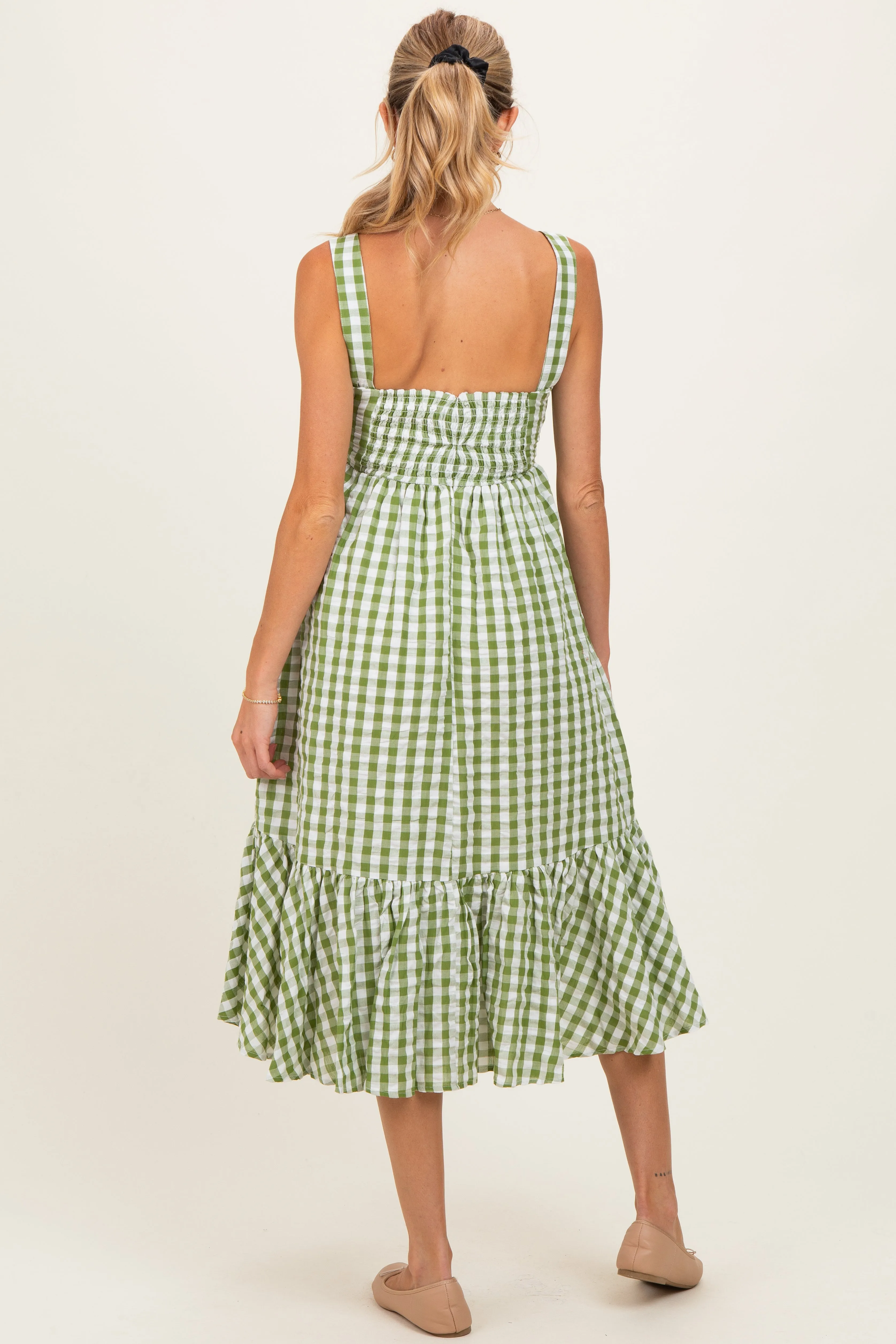 Green Gingham Front Tie Halter Maternity Midi Dress sold by Pinkblush product image thumbnail 3