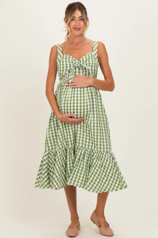 Green Gingham Front Tie Halter Maternity Midi Dress made by En Creme