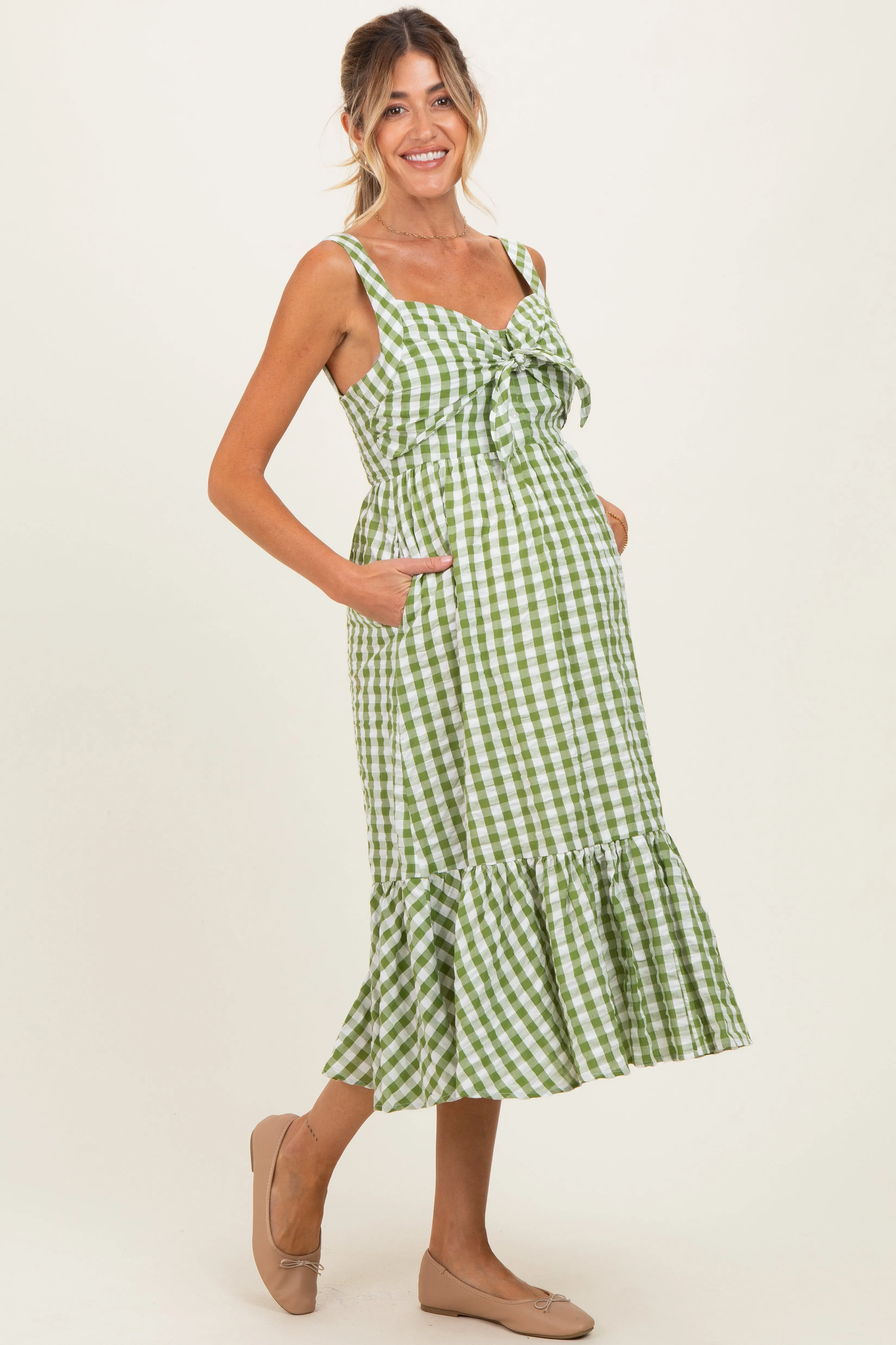 Green Gingham Front Tie Halter Maternity Midi Dress sold by Pinkblush product image thumbnail 2