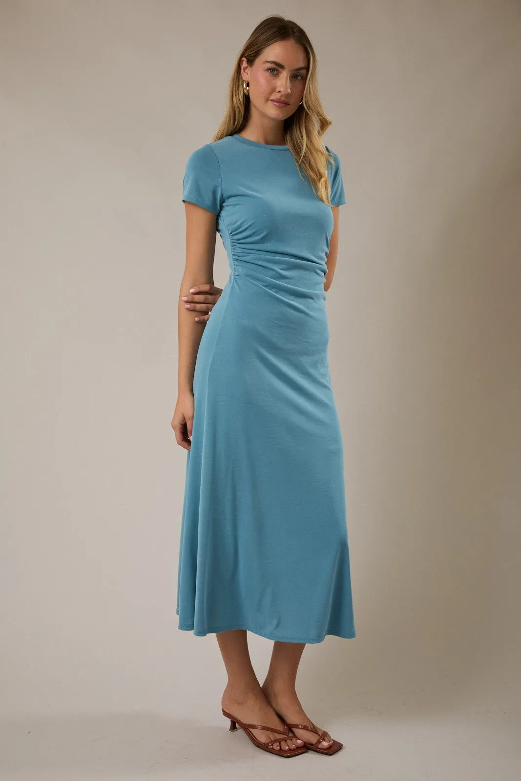Blue Short Sleeve Ruched Maternity Midi Dress sold by Pinkblush product image thumbnail 5