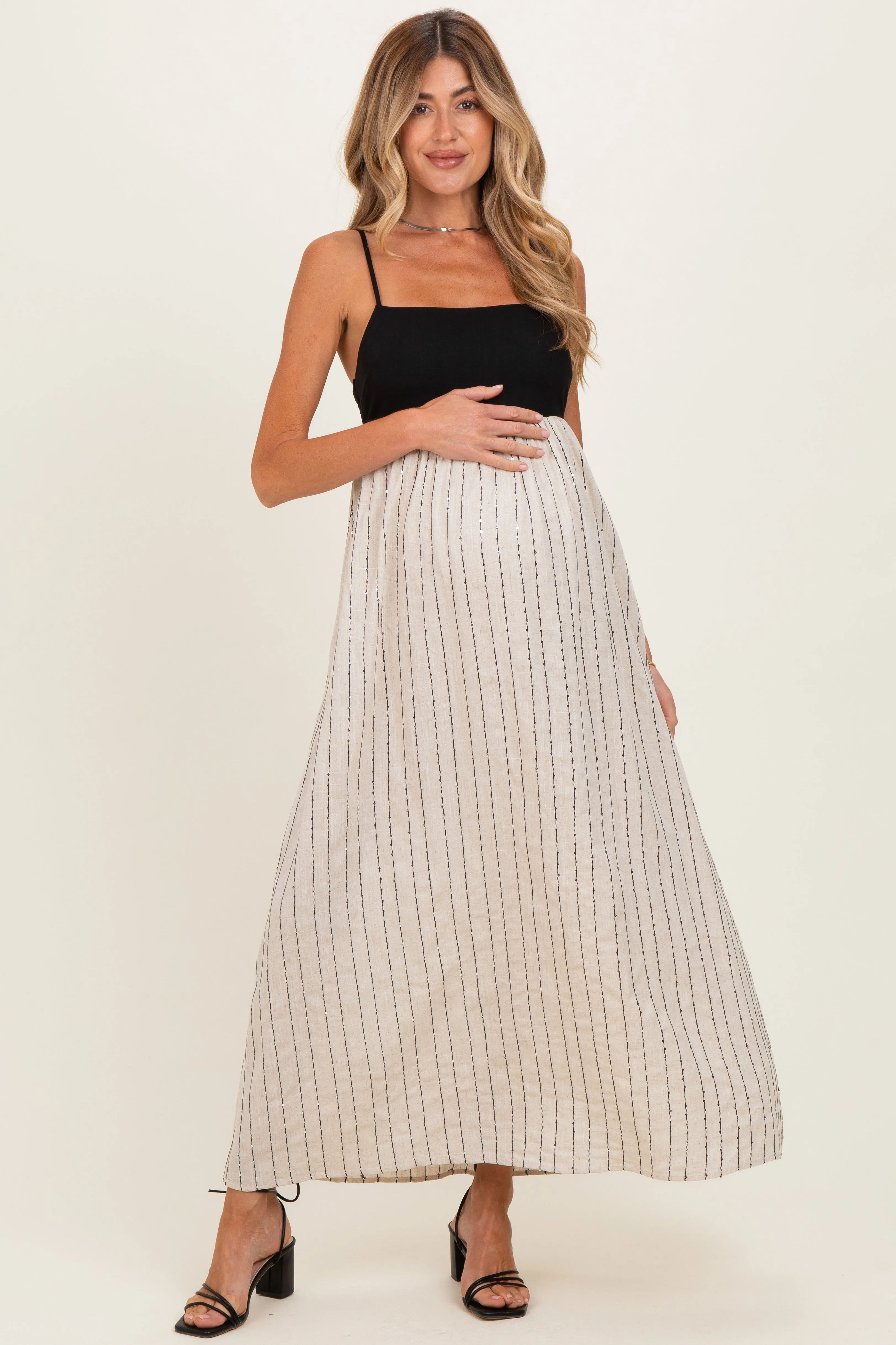 Black White Striped and Colorblock Maternity Maxi Dress sold by Pinkblush