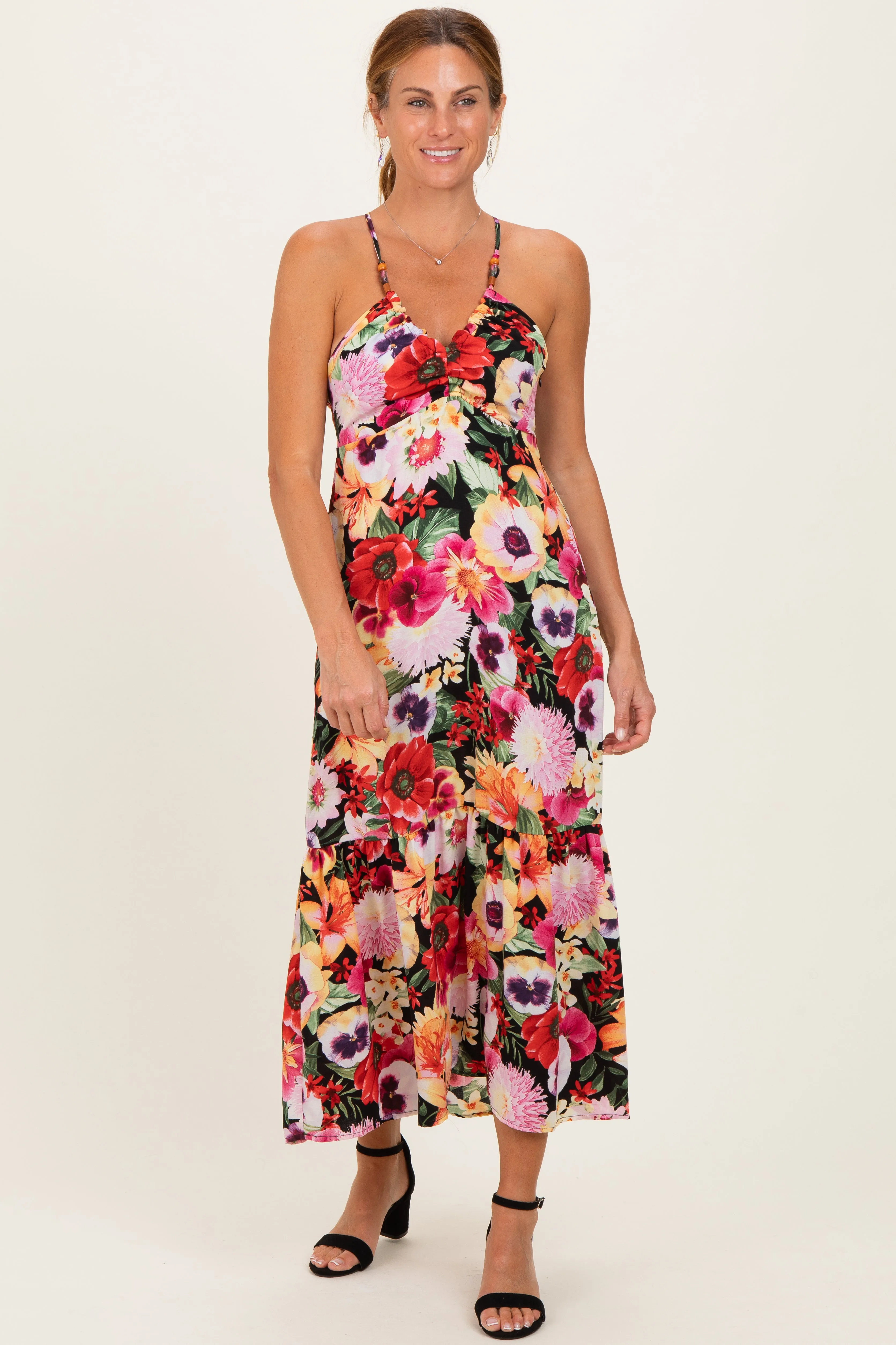 Black Floral Crisscross Back Midi Dress sold by Pinkblush