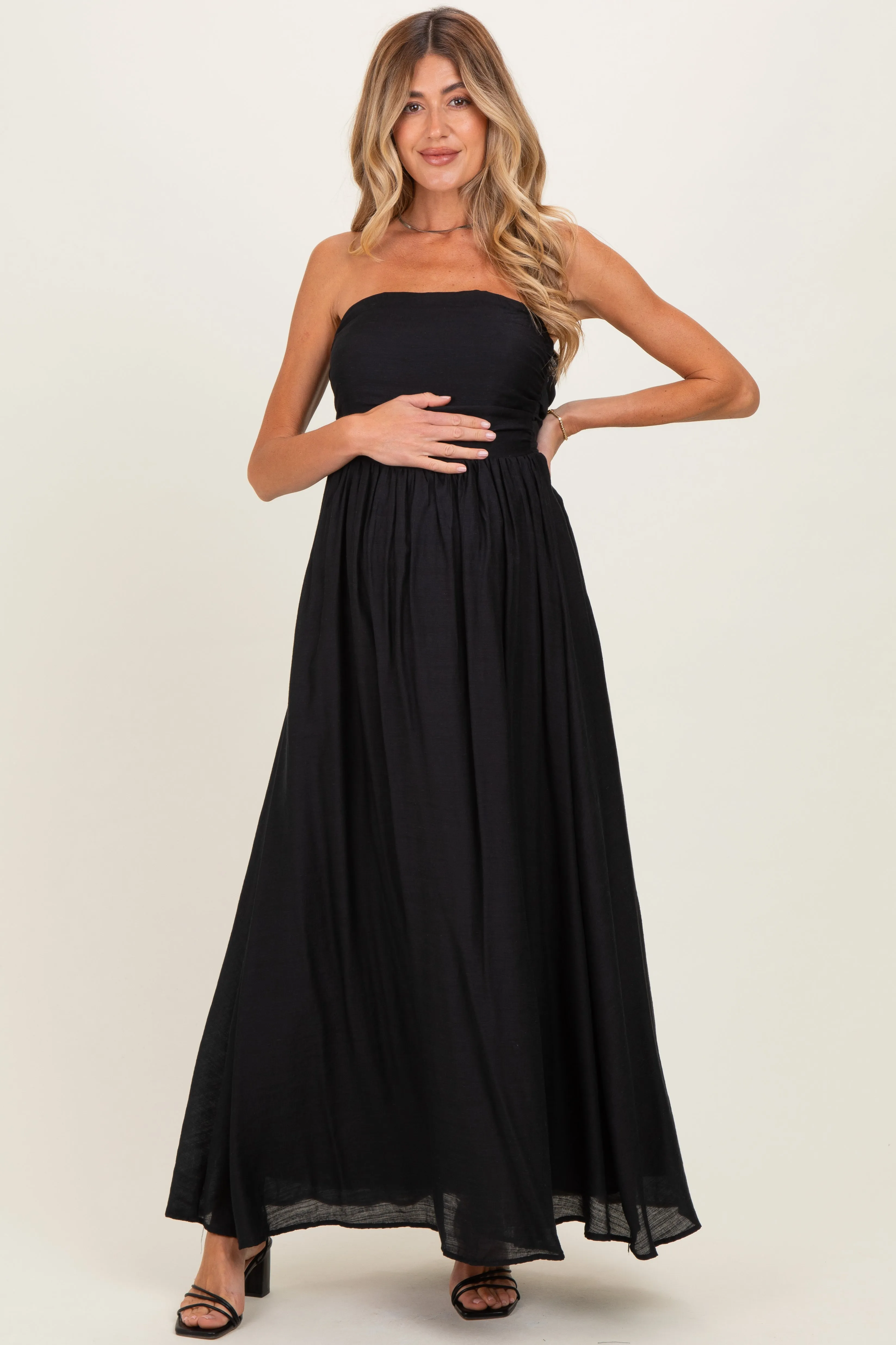Black Strapless Tie Back Maternity Maxi Dress sold by Pinkblush
