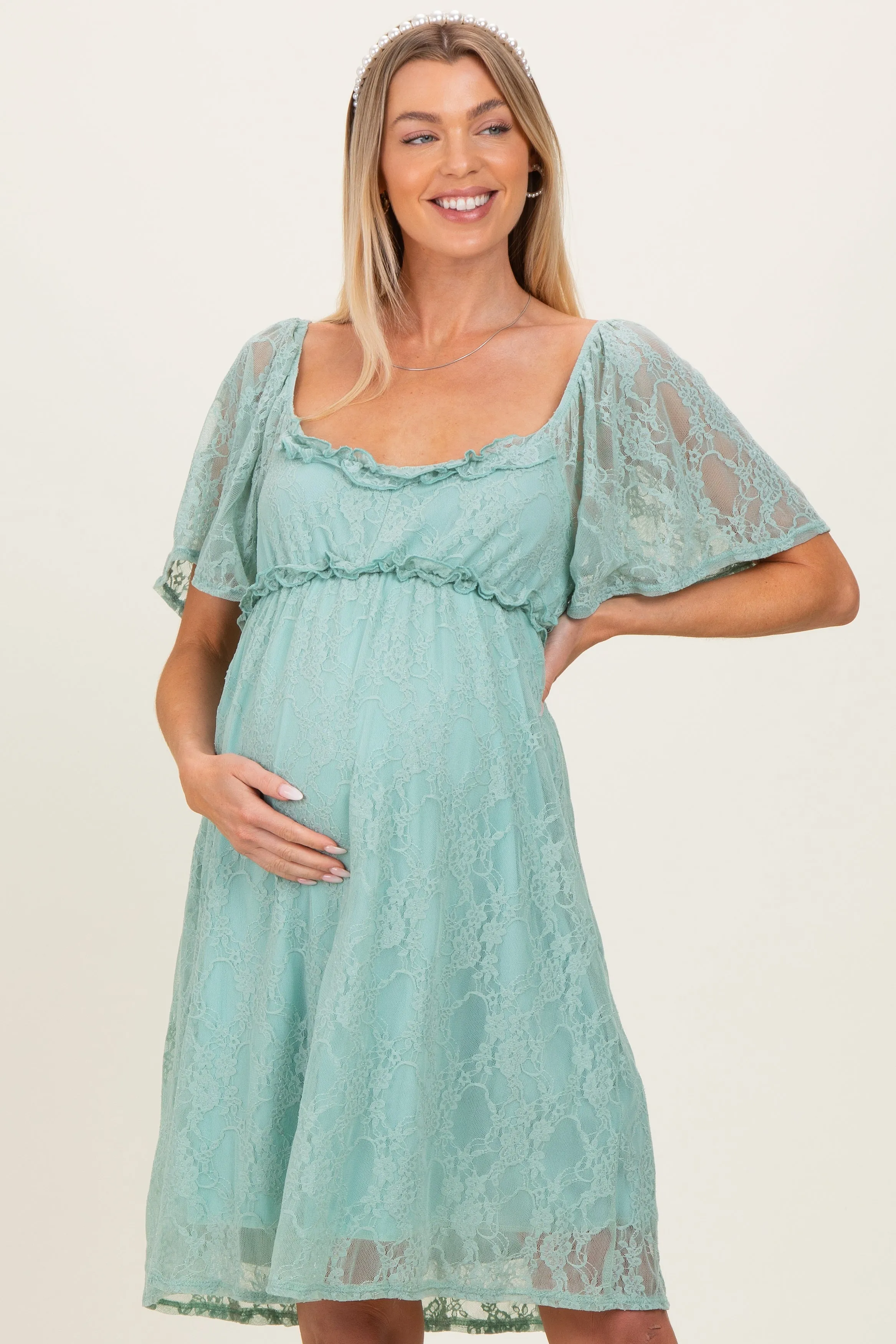 Sage Floral Lace Square Neck Ruffle Trim Maternity Maxi Dress sold by Pinkblush product image thumbnail 2