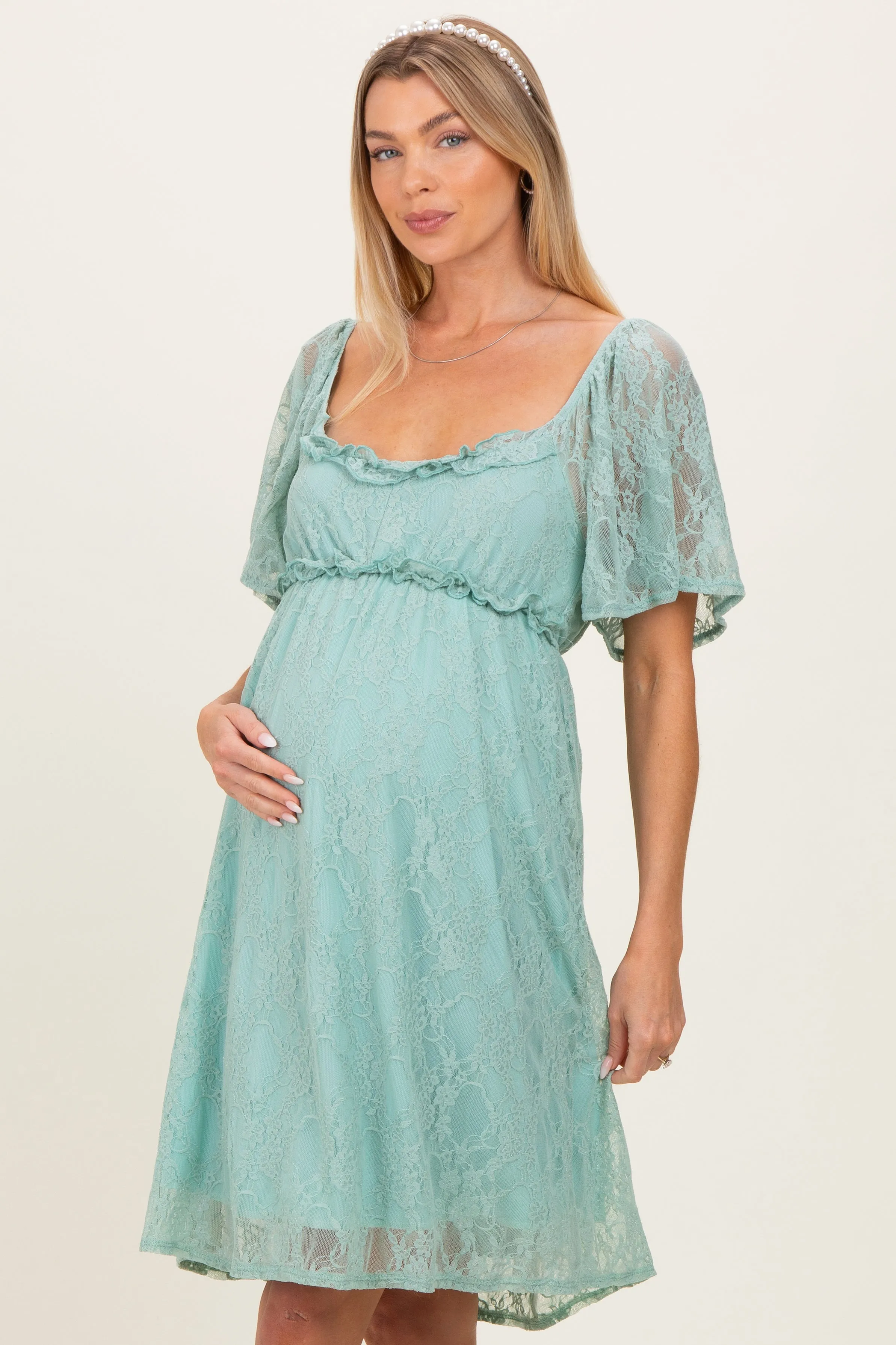 Sage Floral Lace Square Neck Ruffle Trim Maternity Maxi Dress sold by Pinkblush product image thumbnail 3