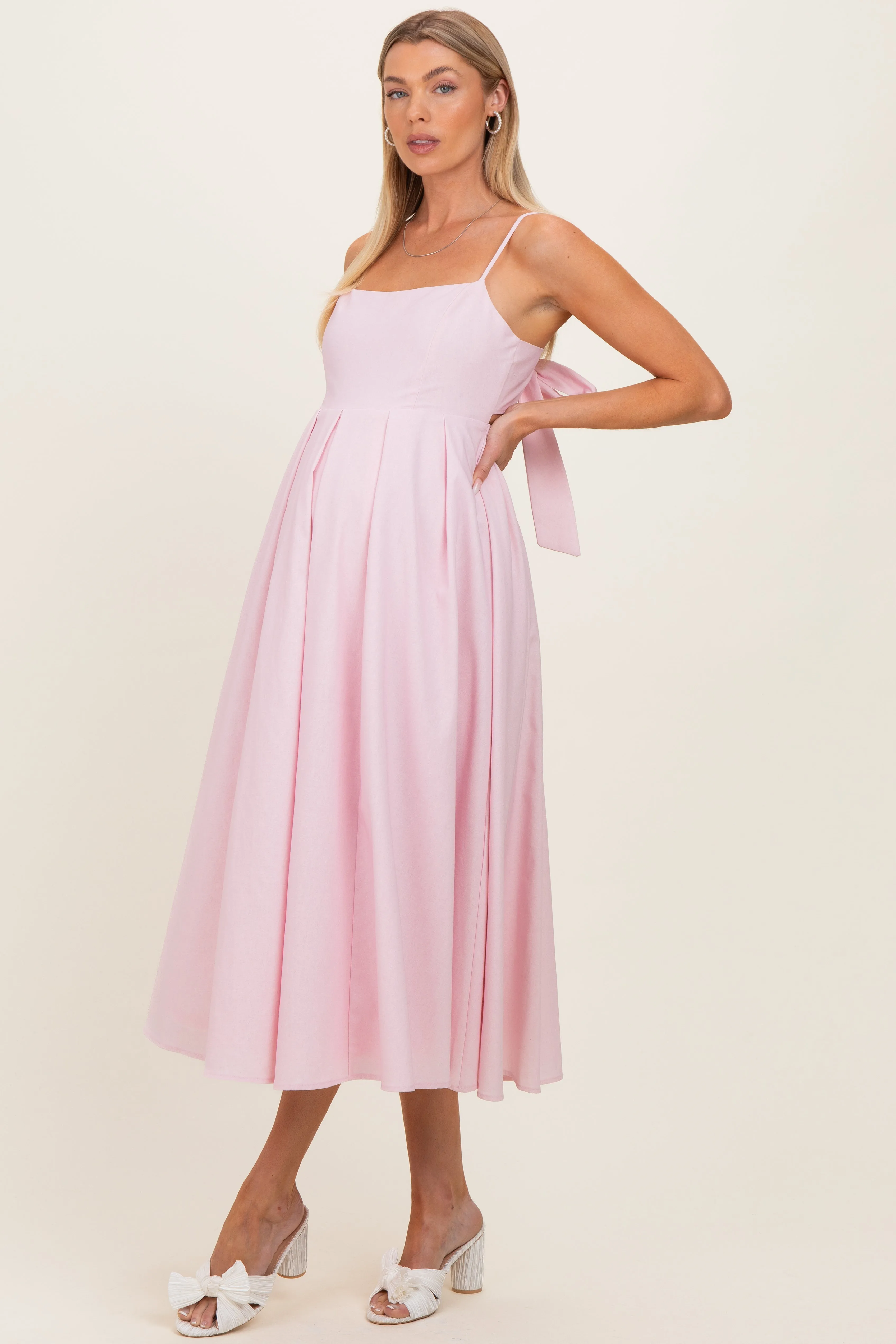 Light Pink Linen Sleeveless Tie Back Flared Maternity Midi Dress sold by Pinkblush product image thumbnail 2