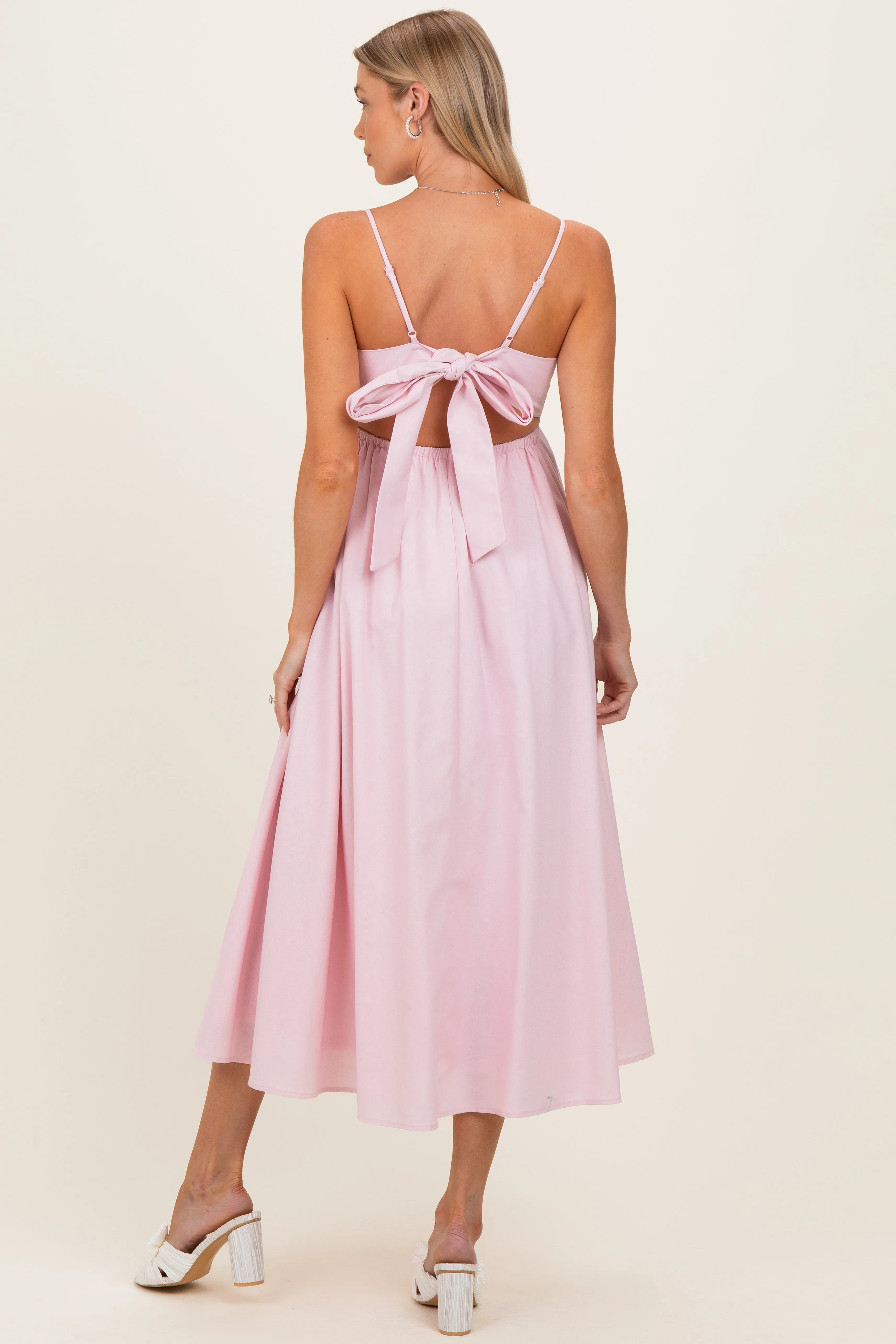 Light Pink Linen Sleeveless Tie Back Flared Maternity Midi Dress sold by Pinkblush product image thumbnail 3