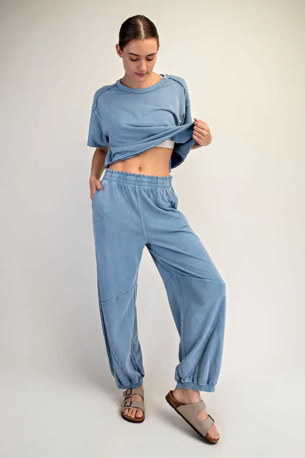Dusty Blue Mineral Wash Terry Sweatpants sold by Pinkblush