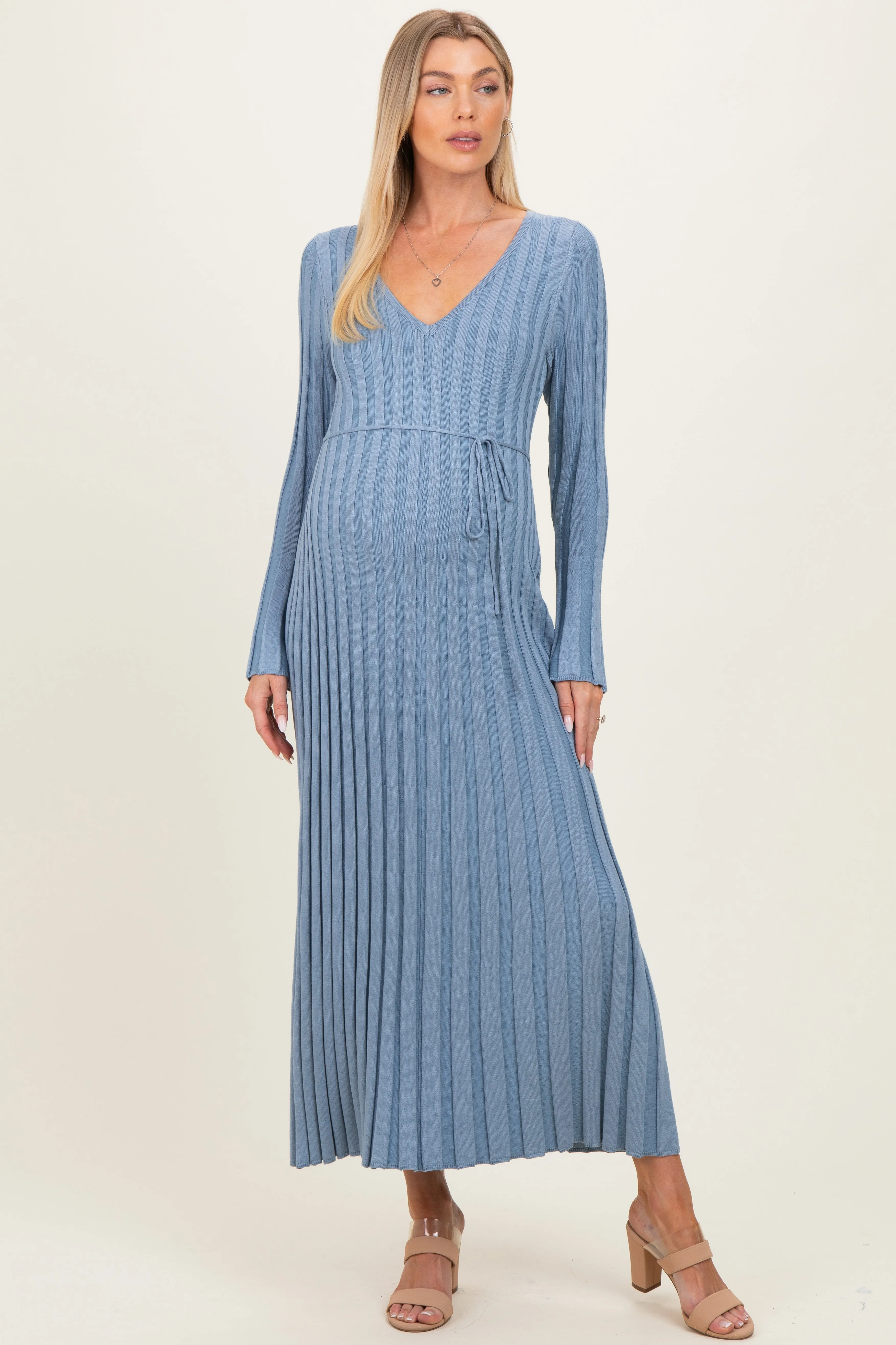 Light Blue Ribbed Maternity Knit Maxi Dress sold by Pinkblush