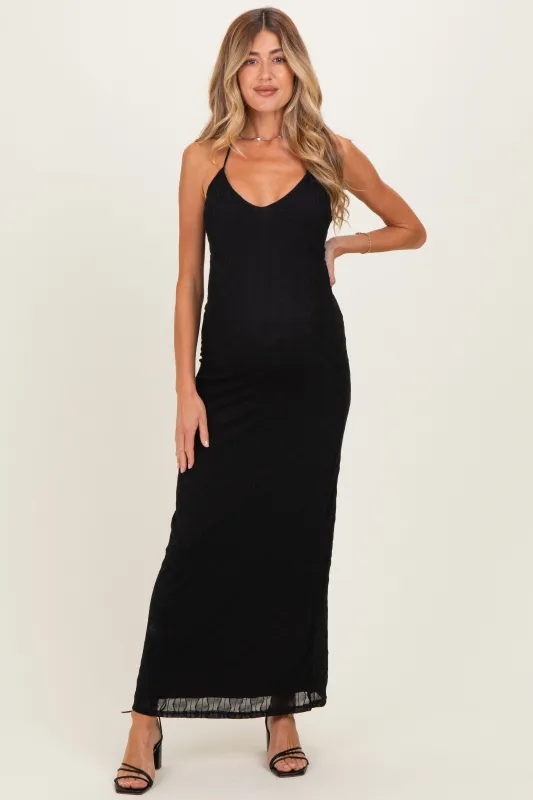 Black Halter Textured Knit Maternity Maxi Dress made by Blue Blush