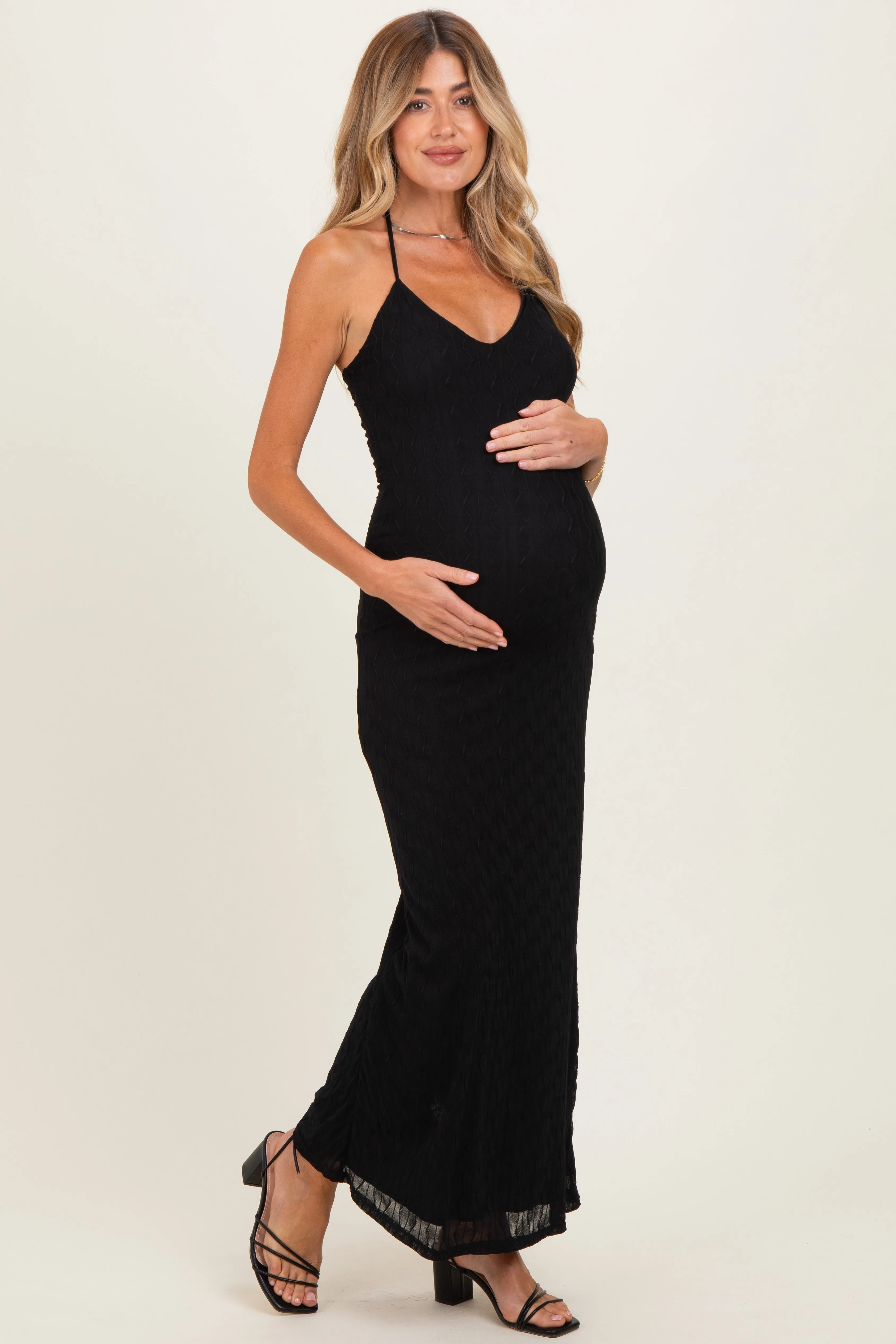 Black Halter Textured Knit Maternity Maxi Dress sold by Pinkblush product image thumbnail 2