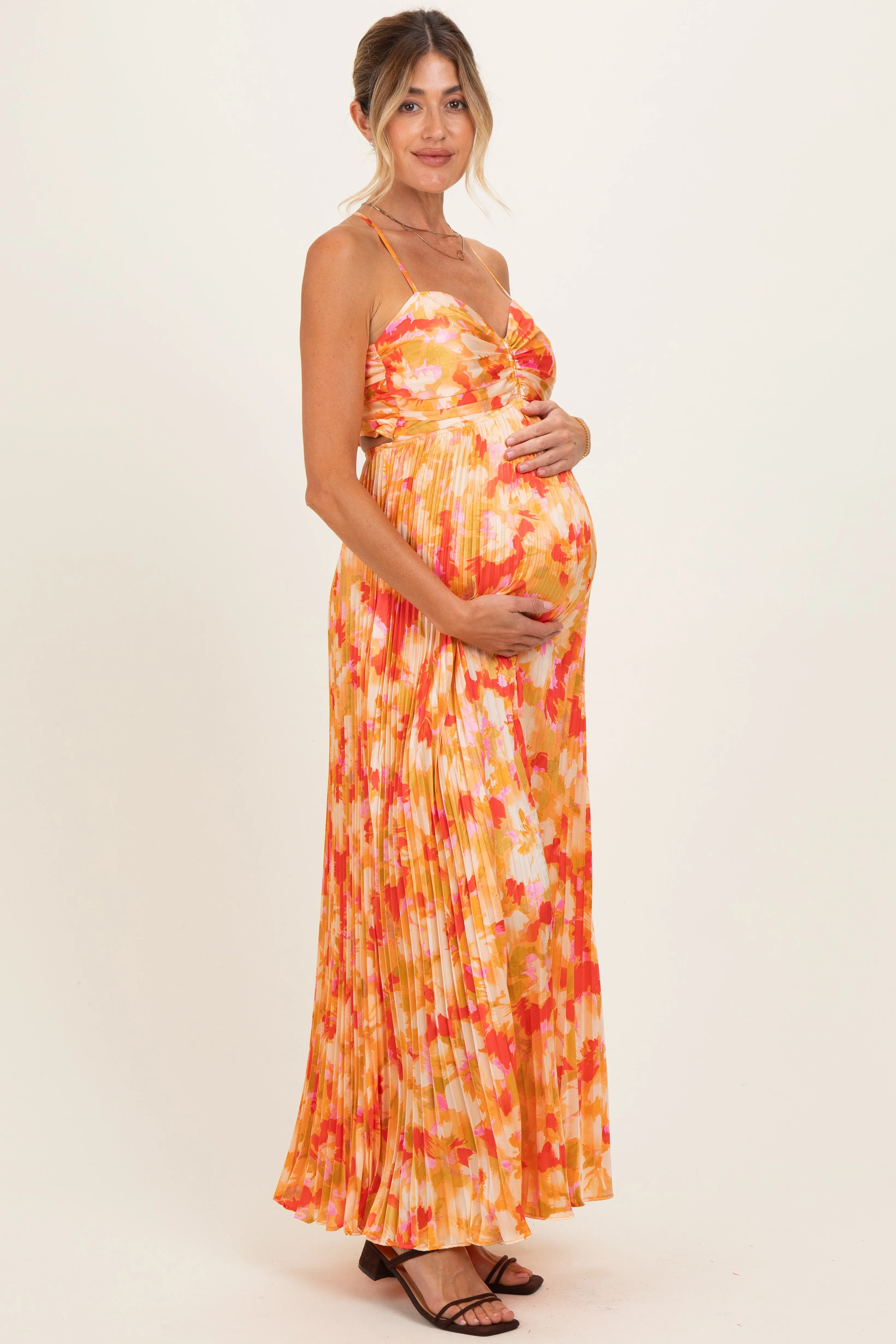 Orange Floral Pleated Sleeveless Maternity Maxi Dress sold by Pinkblush product image thumbnail 2