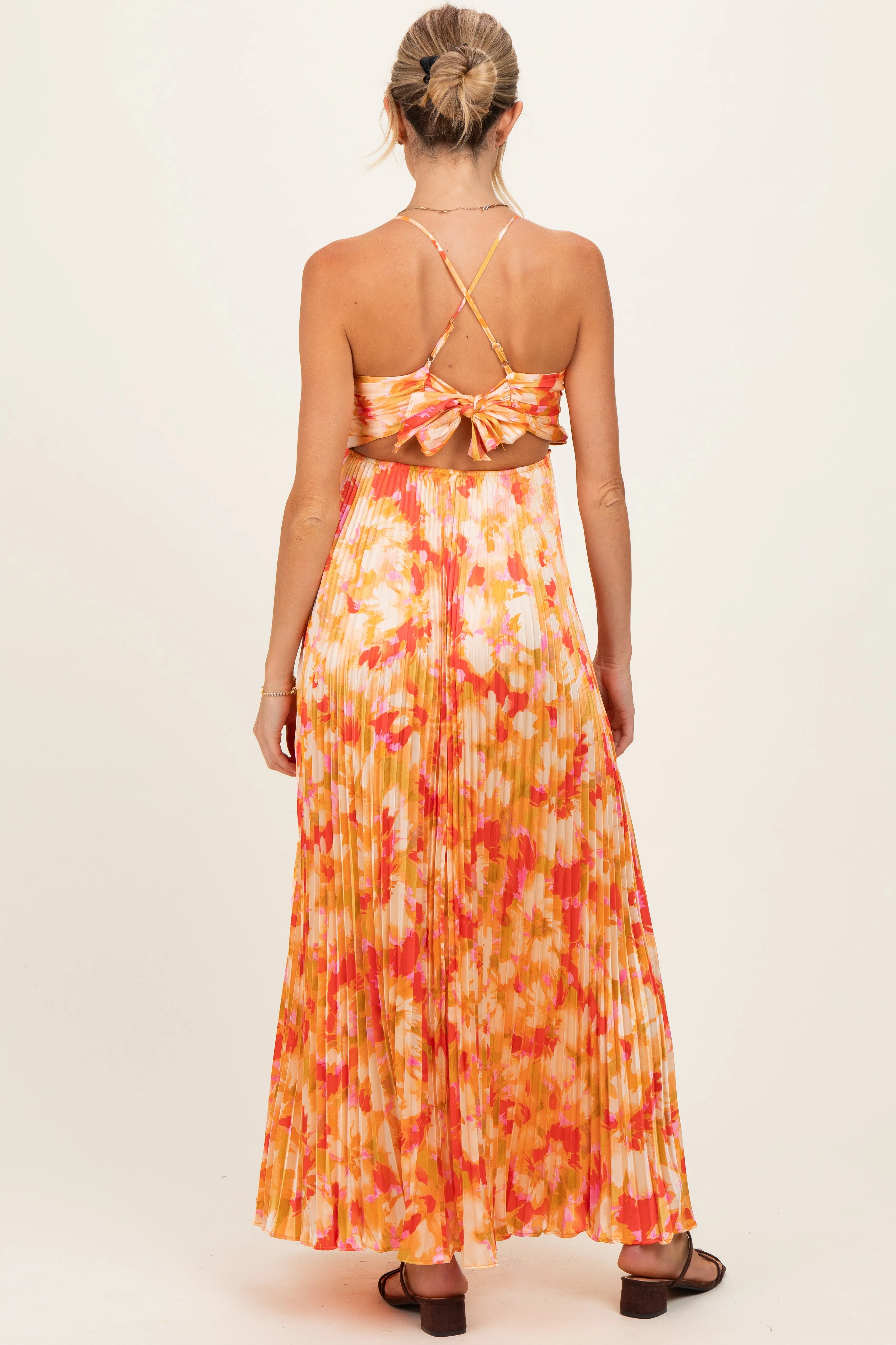 Orange Floral Pleated Sleeveless Maternity Maxi Dress sold by Pinkblush product image thumbnail 3