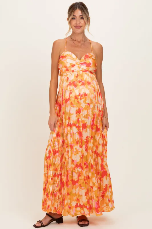 Orange Floral Pleated Sleeveless Maternity Maxi Dress made by En Creme