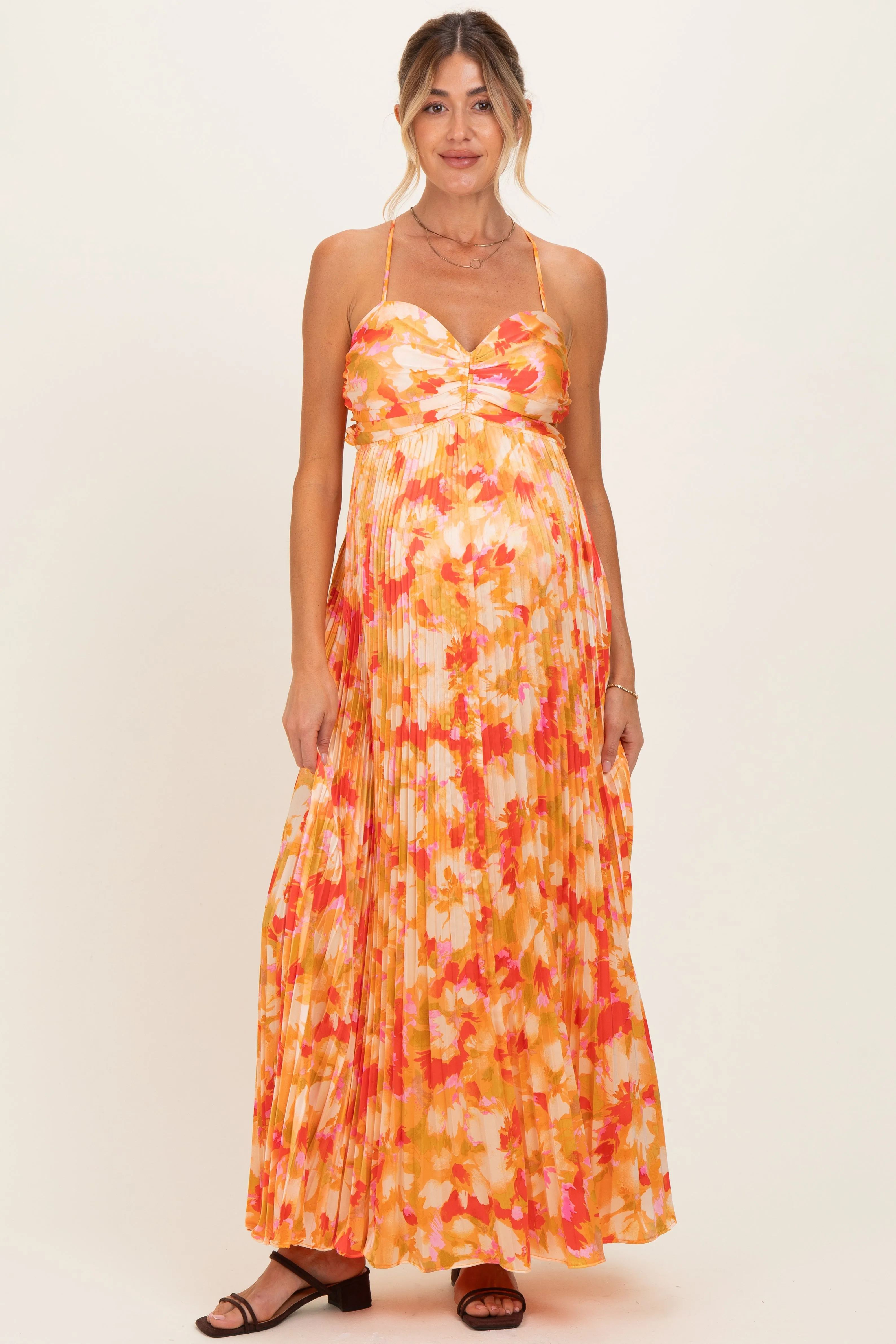 Orange Floral Pleated Sleeveless Maternity Maxi Dress sold by Pinkblush