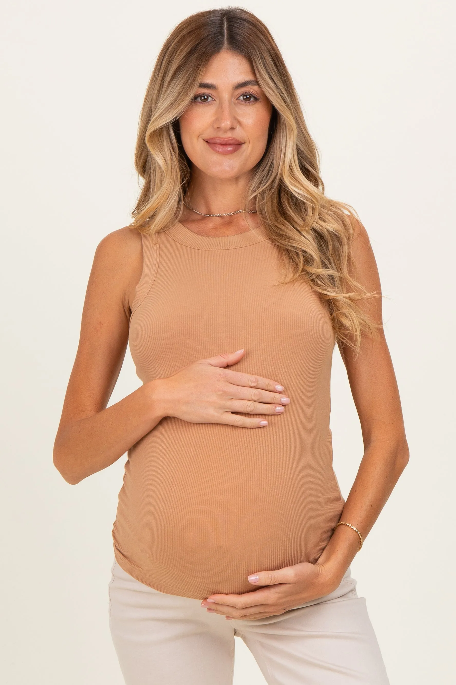 Camel Ribbed High Neck Maternity Tank Top sold by Pinkblush