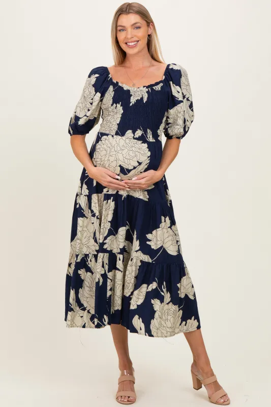 Navy Floral Cutout Tie Back Maternity Midi Dress made by Pinkblush