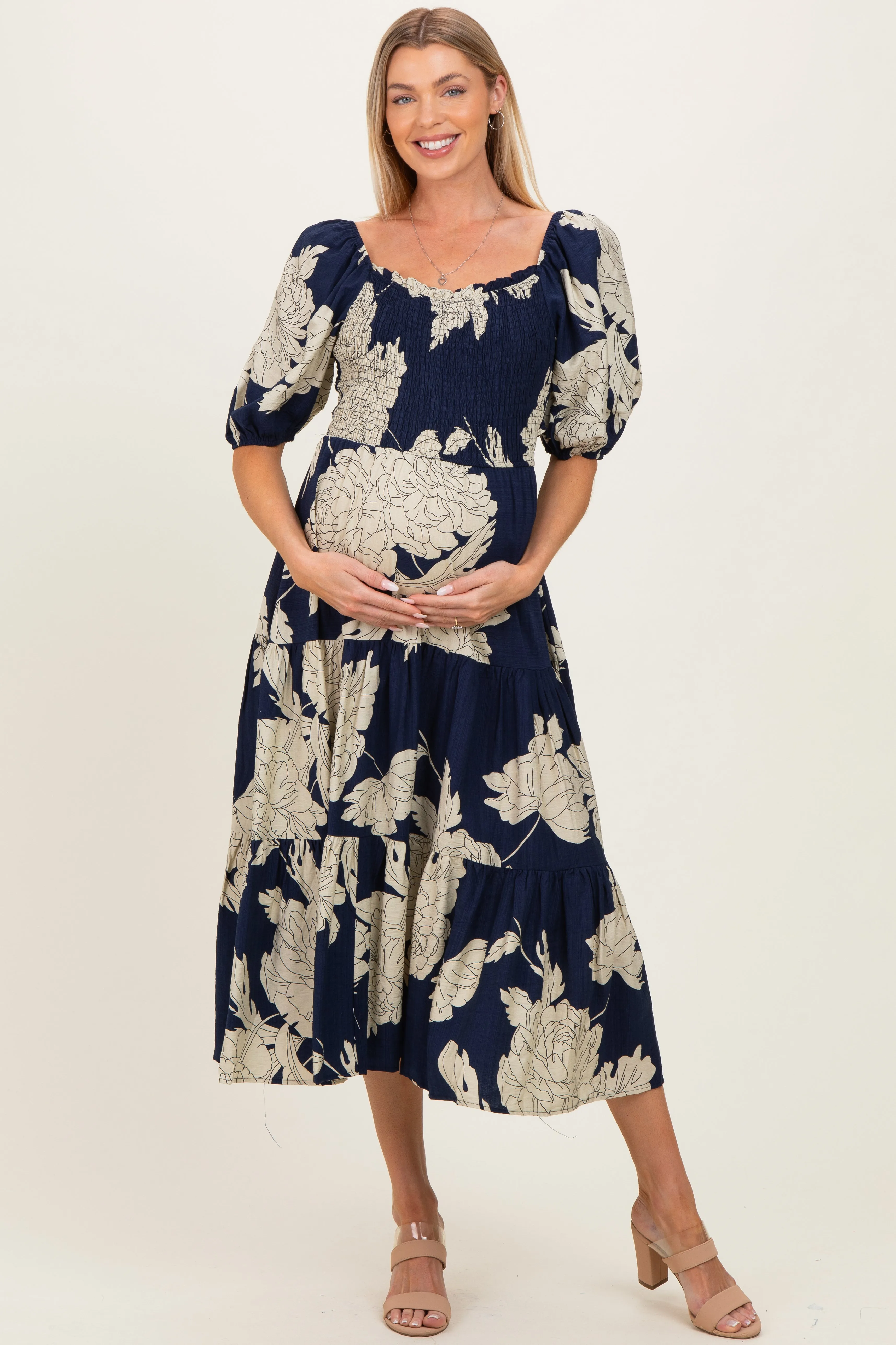 Navy Floral Cutout Tie Back Maternity Midi Dress sold by Pinkblush
