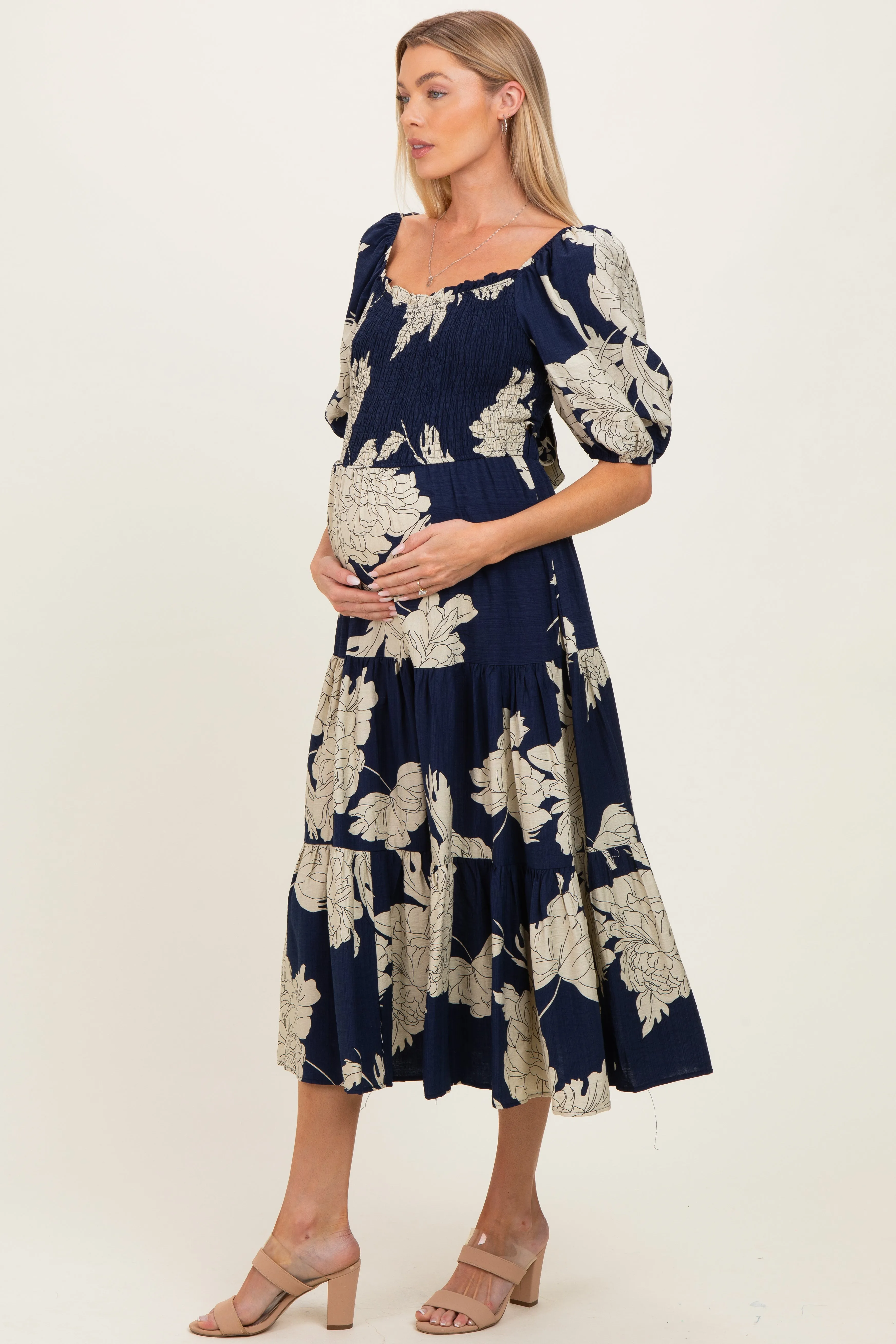 Navy Floral Cutout Tie Back Maternity Midi Dress sold by Pinkblush product image thumbnail 2