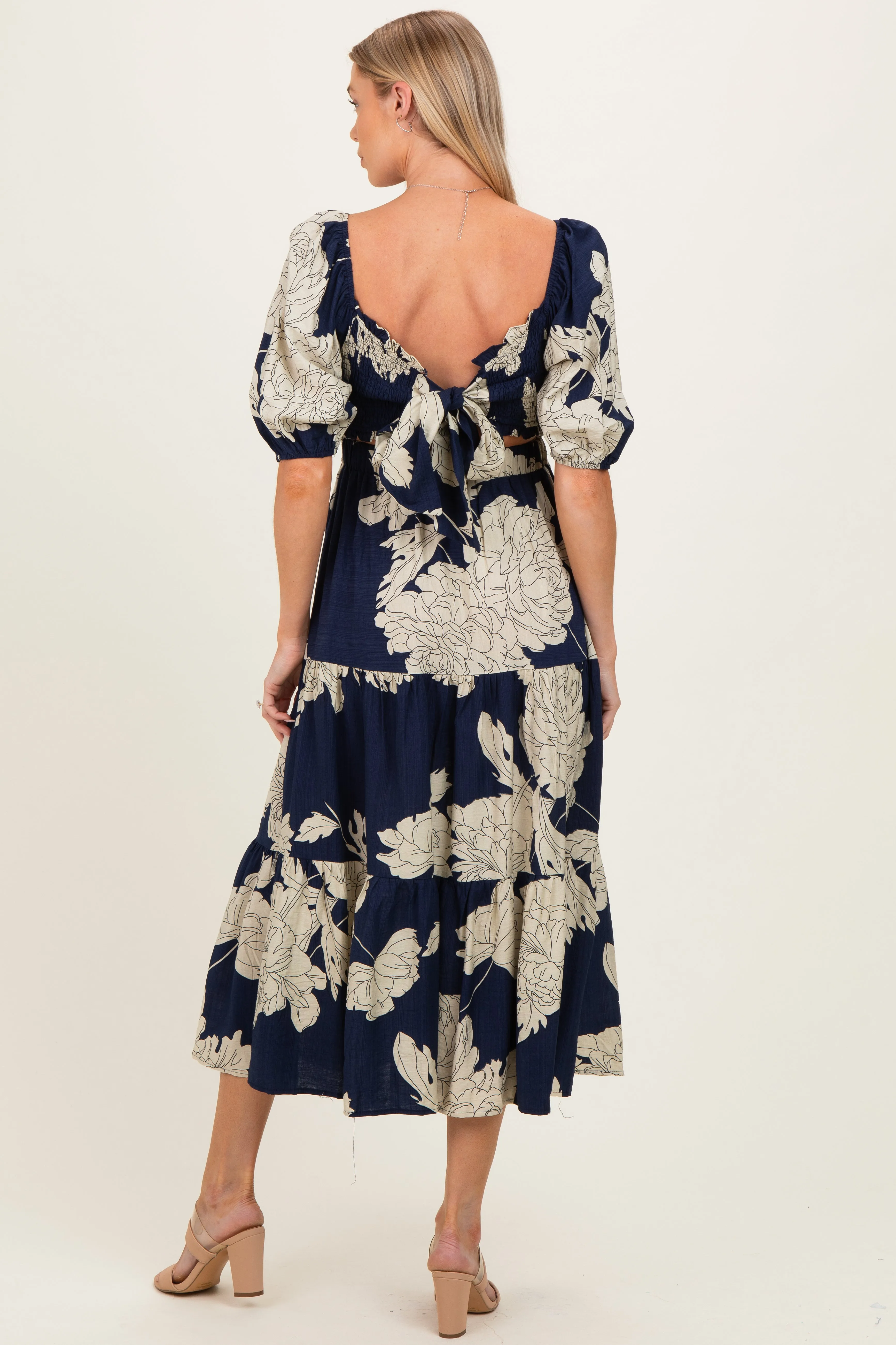 Navy Floral Cutout Tie Back Maternity Midi Dress sold by Pinkblush product image thumbnail 3