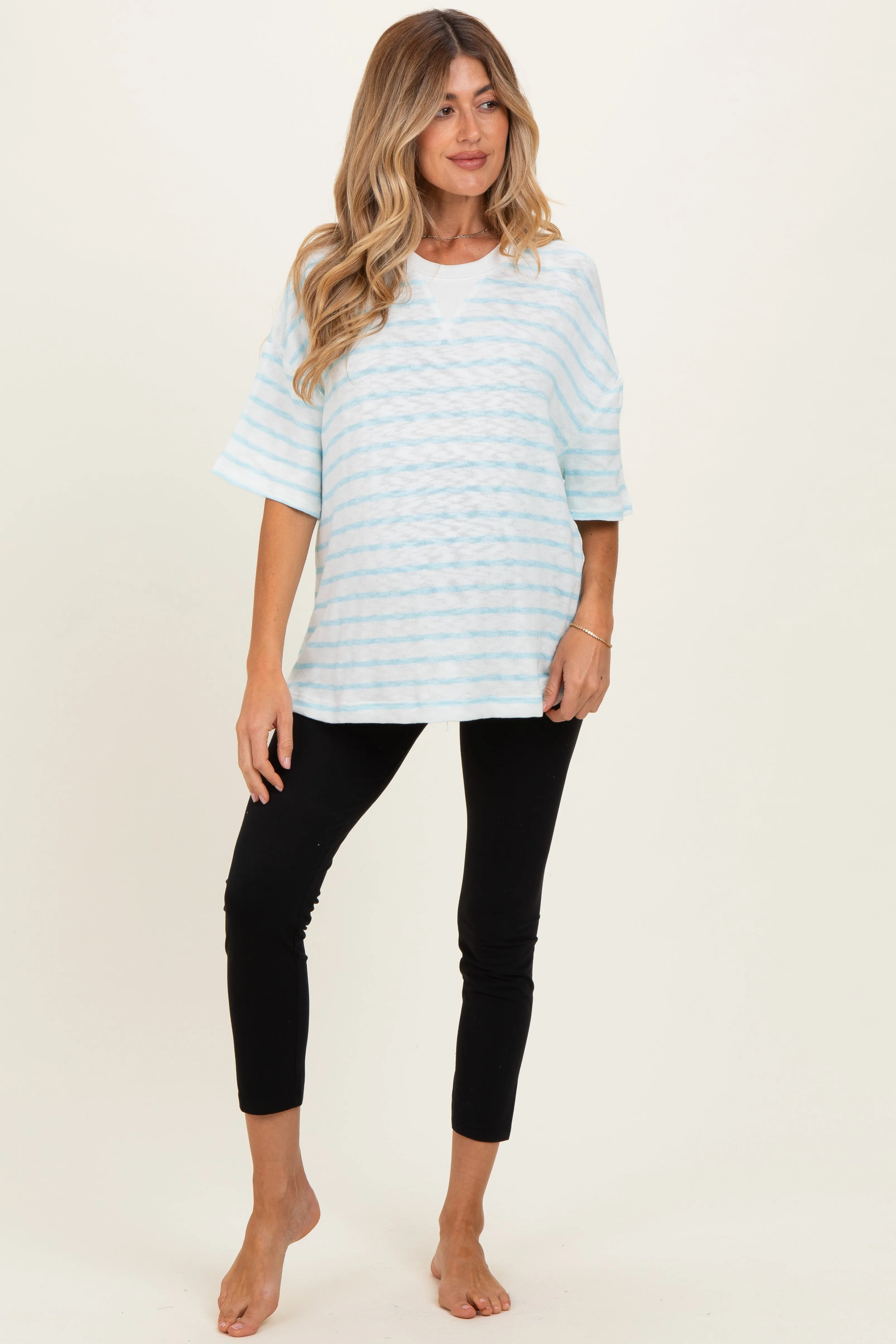 Light Blue Oversized Striped Maternity Short Sleeve Top sold by Pinkblush product image thumbnail 2