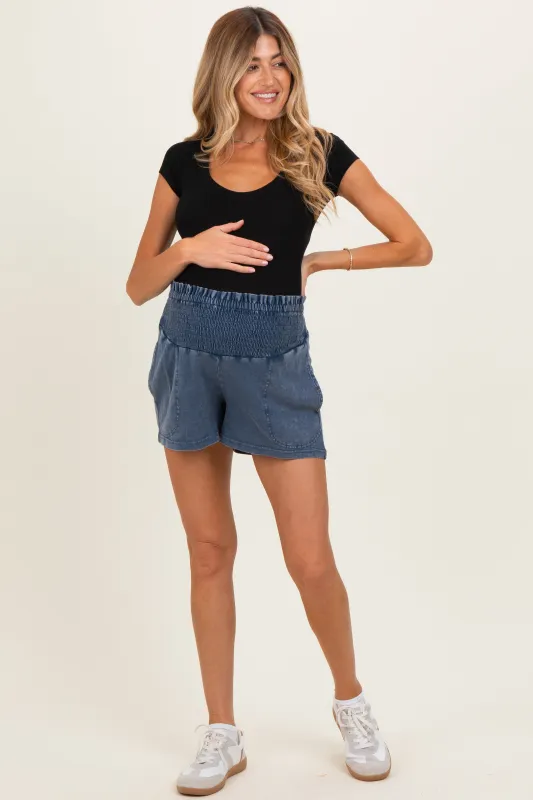 Navy Smocked Waist Mineral Wash Maternity Shorts made by HYFVE