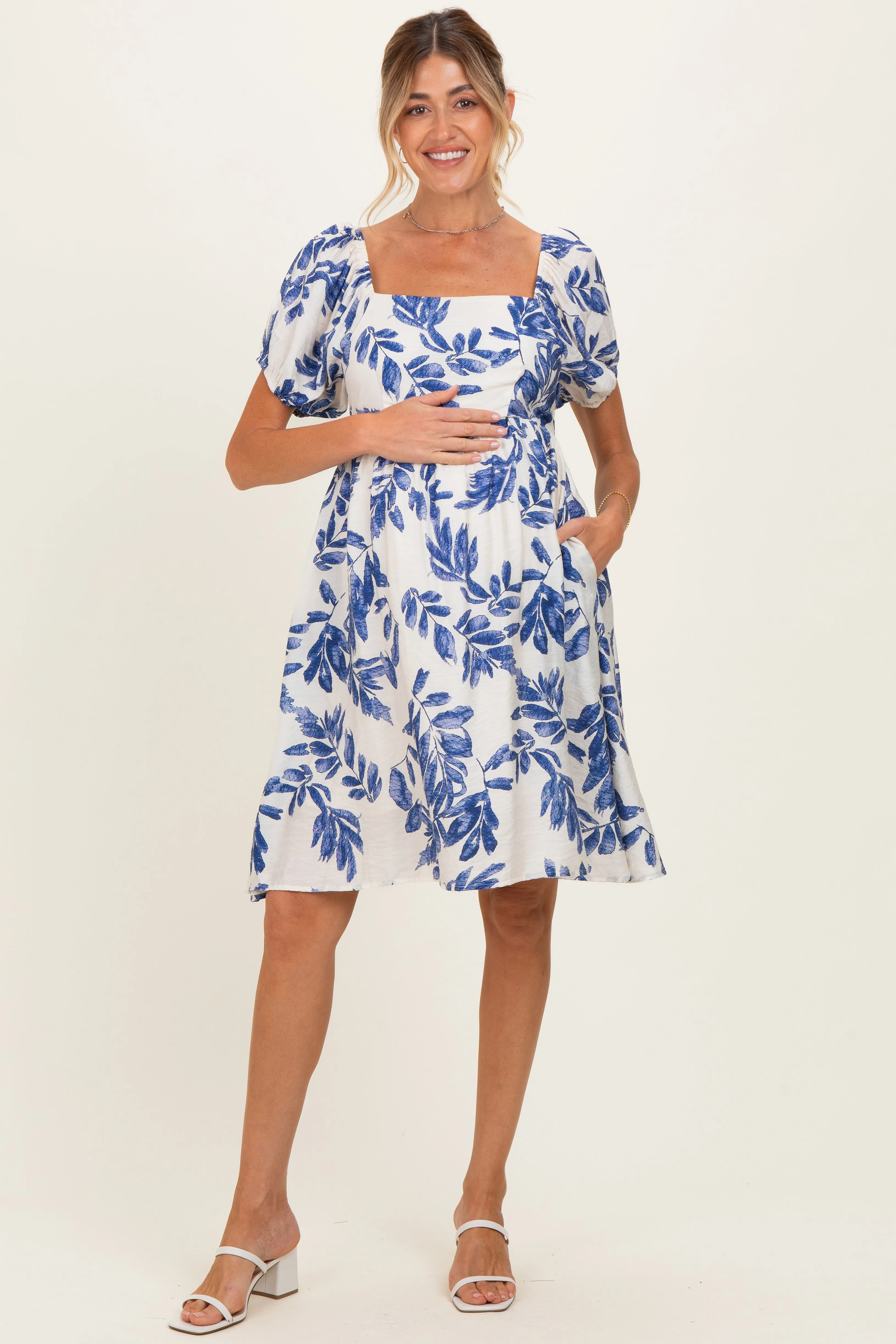 Blue Floral Puff Sleeve Maternity Dress sold by Pinkblush