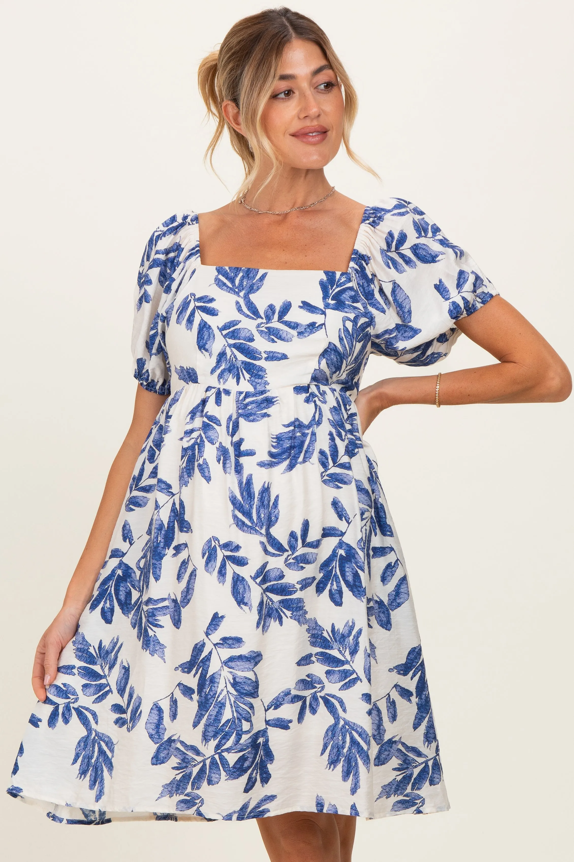 Blue Floral Puff Sleeve Maternity Dress sold by Pinkblush product image thumbnail 2