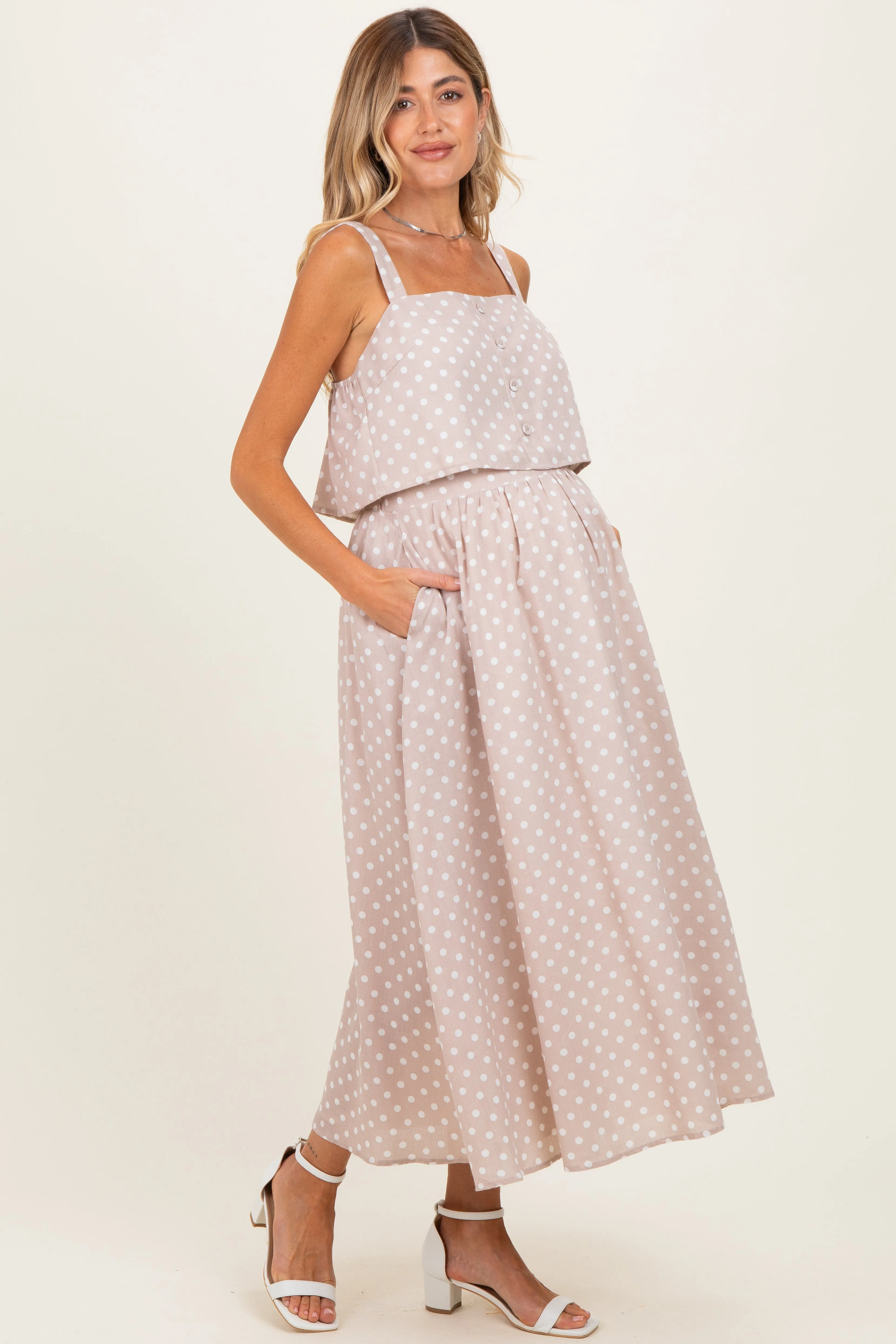 Mauve Polka Dot Crop Tank Midi Skirt Maternity Set sold by Pinkblush product image thumbnail 2
