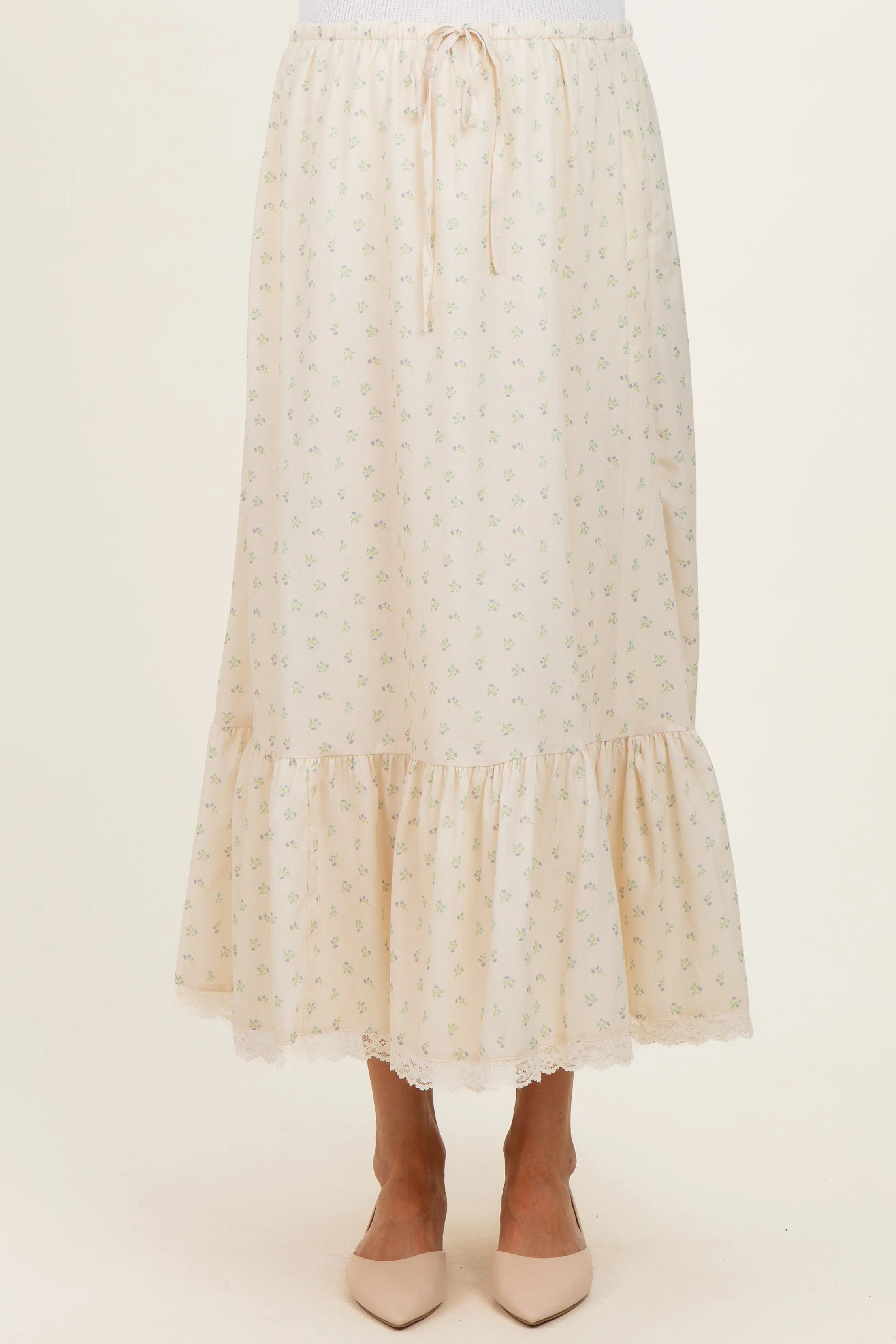 Light Yellow Print Lace Trim Maternity Midi Skirt sold by Pinkblush product image thumbnail 2