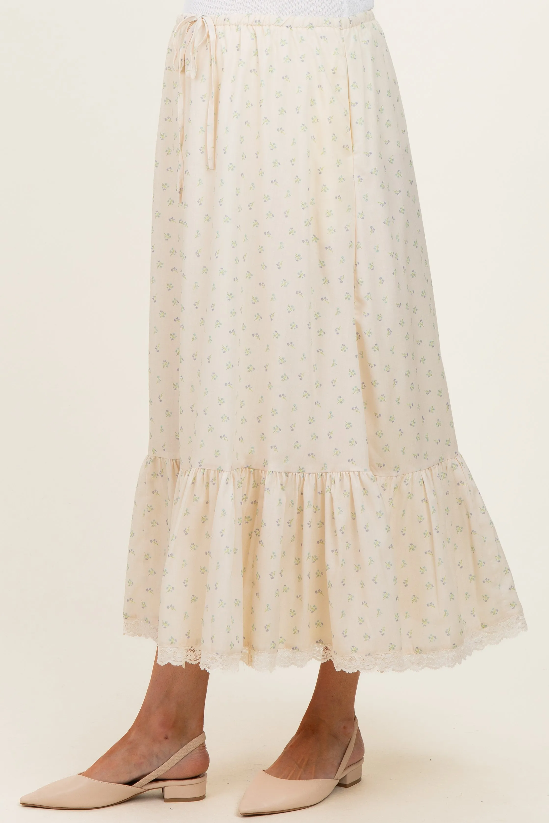 Light Yellow Print Lace Trim Maternity Midi Skirt sold by Pinkblush product image thumbnail 3
