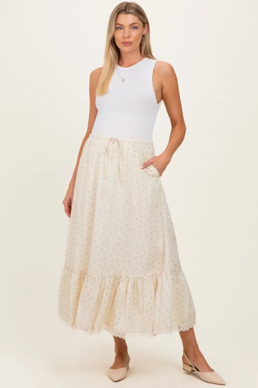 Light Yellow Print Lace Trim Maternity Midi Skirt made by BaeVely